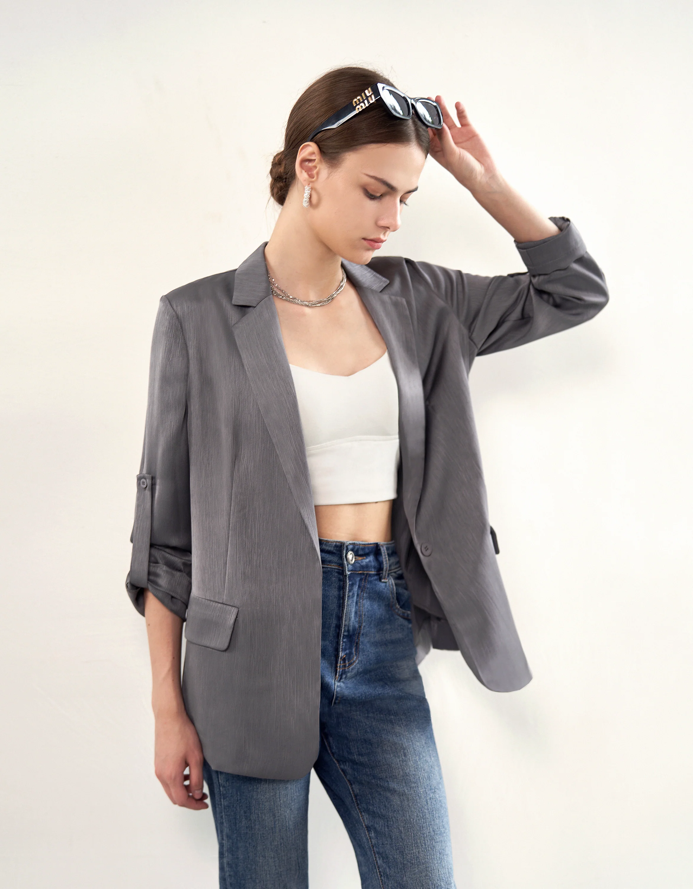Adjustable Ruched Sleeve Blazer