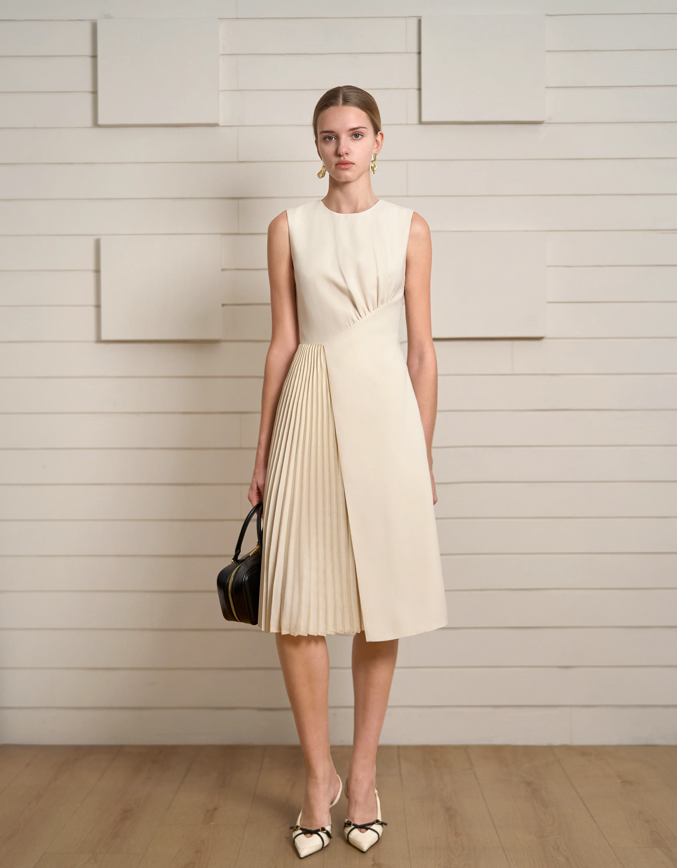 Asymmetric Pleated Sleeveless Midi Dress