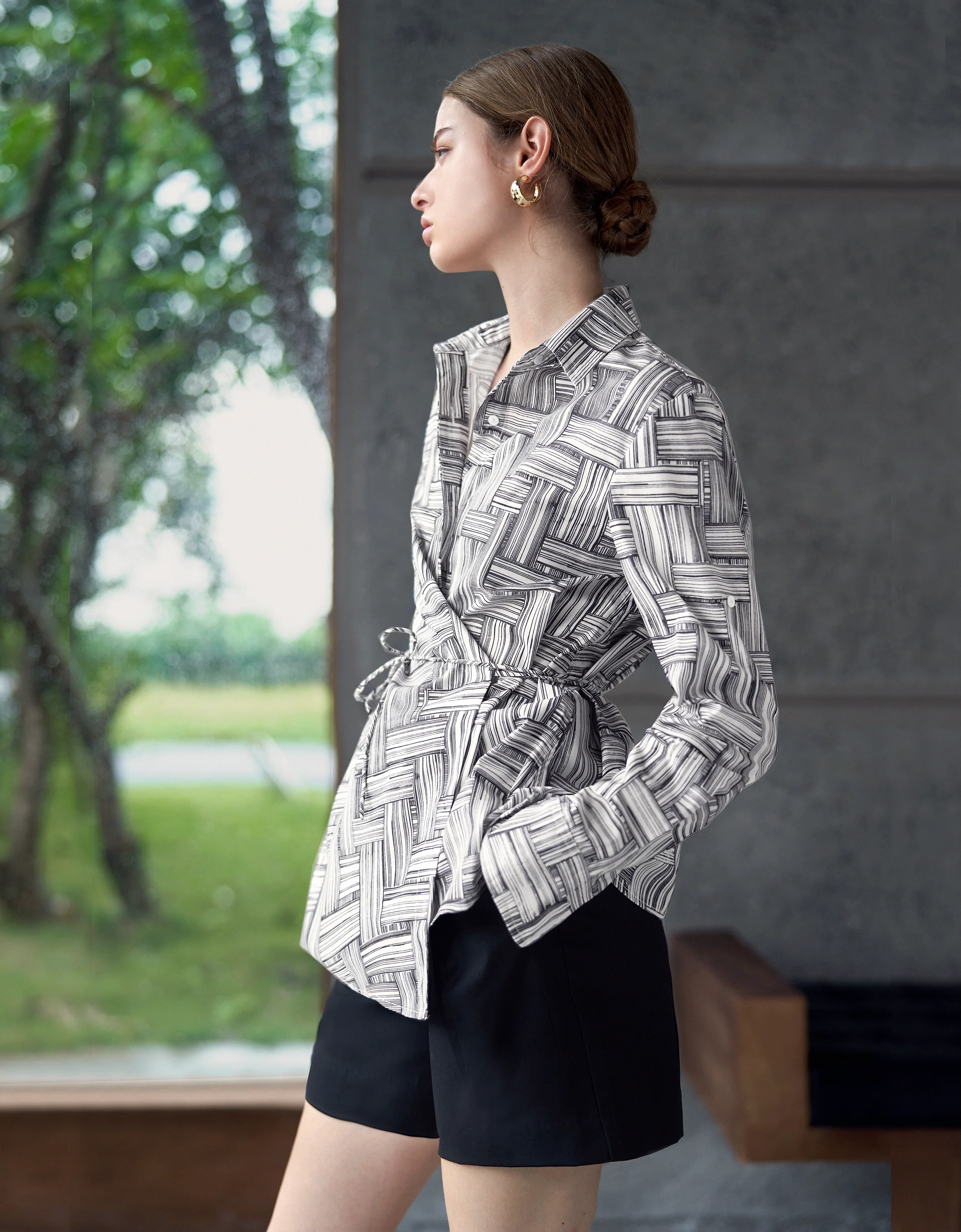 Asymmetric Wrap Front Long Sleeve Printed Shirt - Image 4