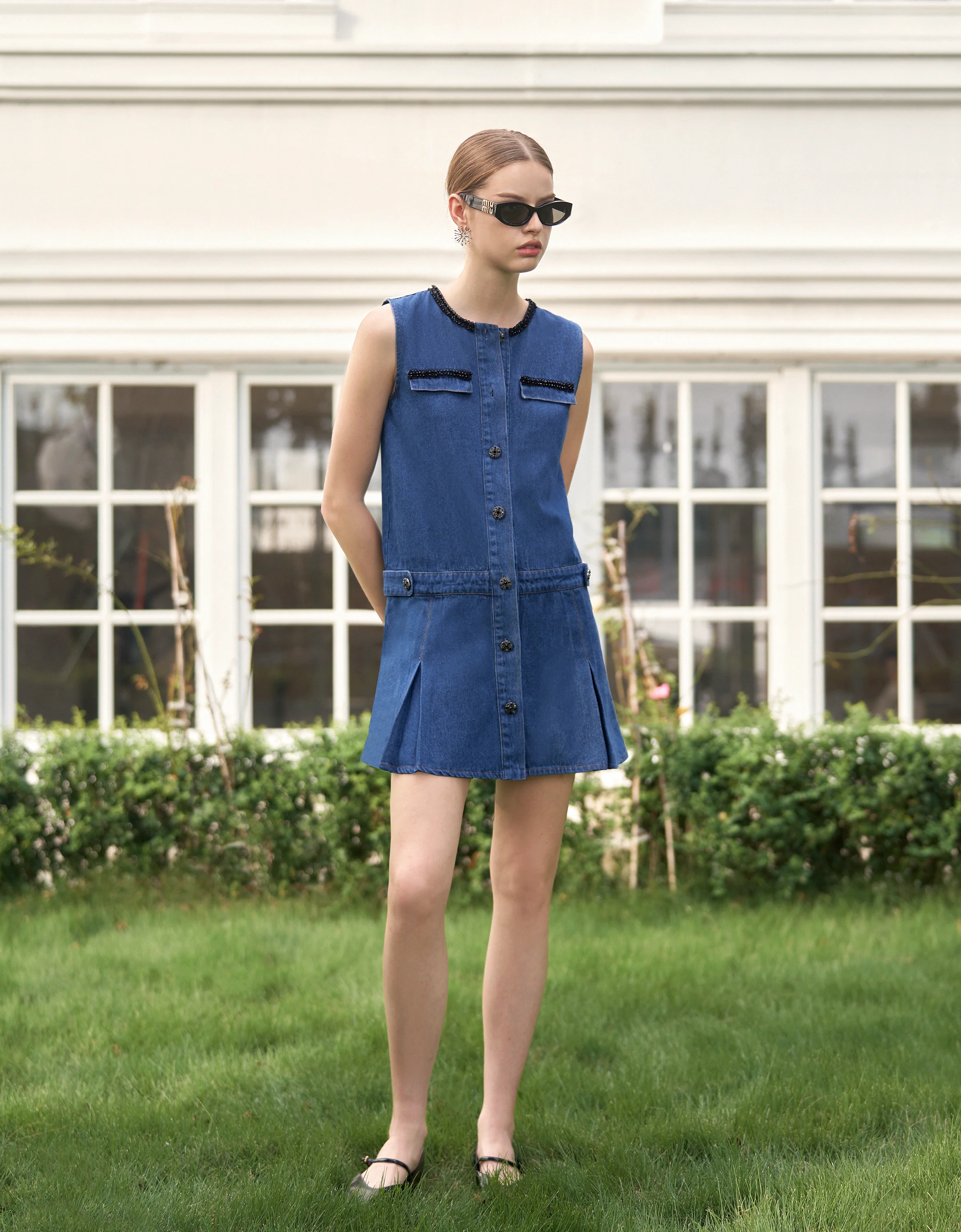 Beaded Trims Sleeveless Denim Dress - Image 2