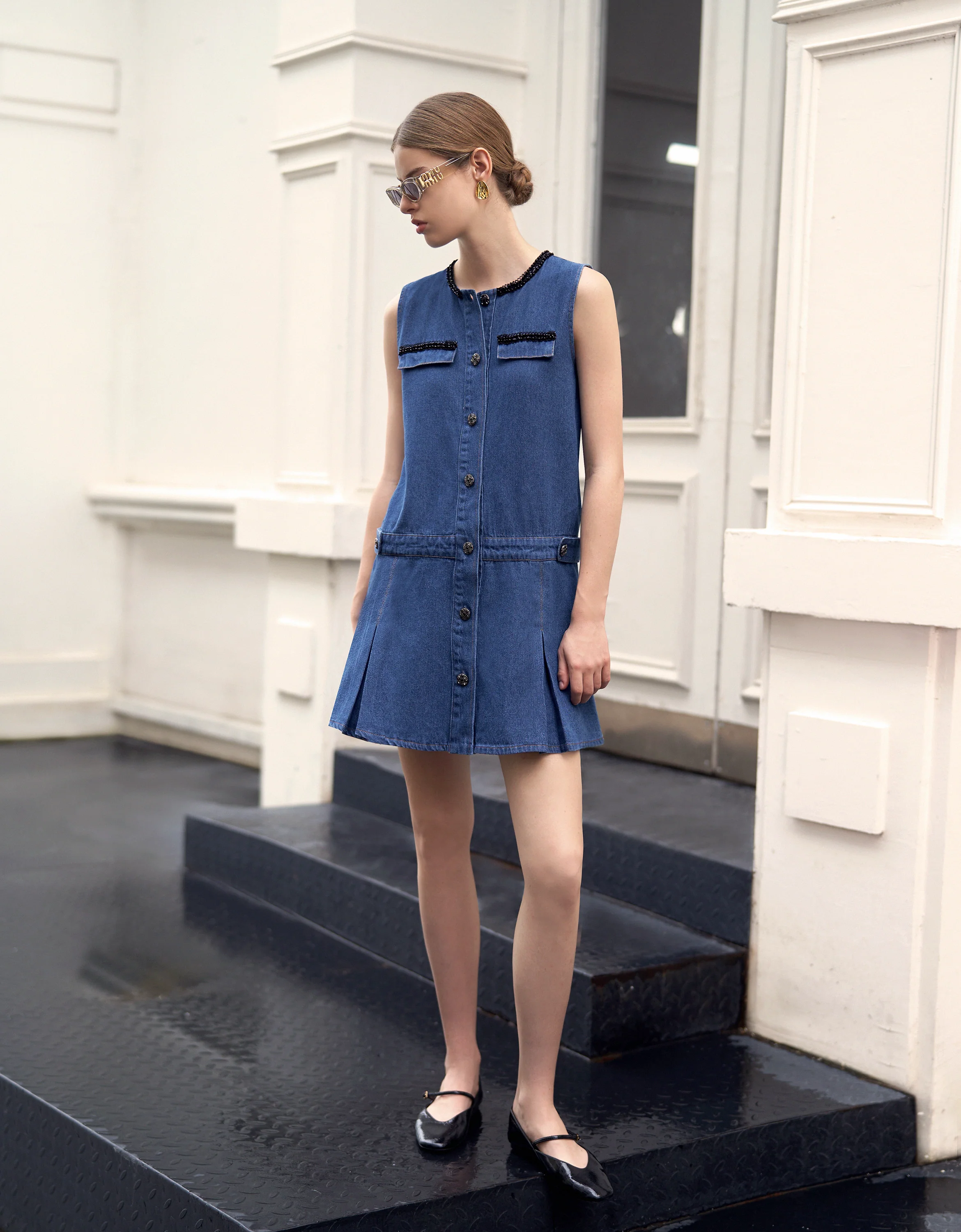 Beaded Trims Sleeveless Denim Dress - Image 4
