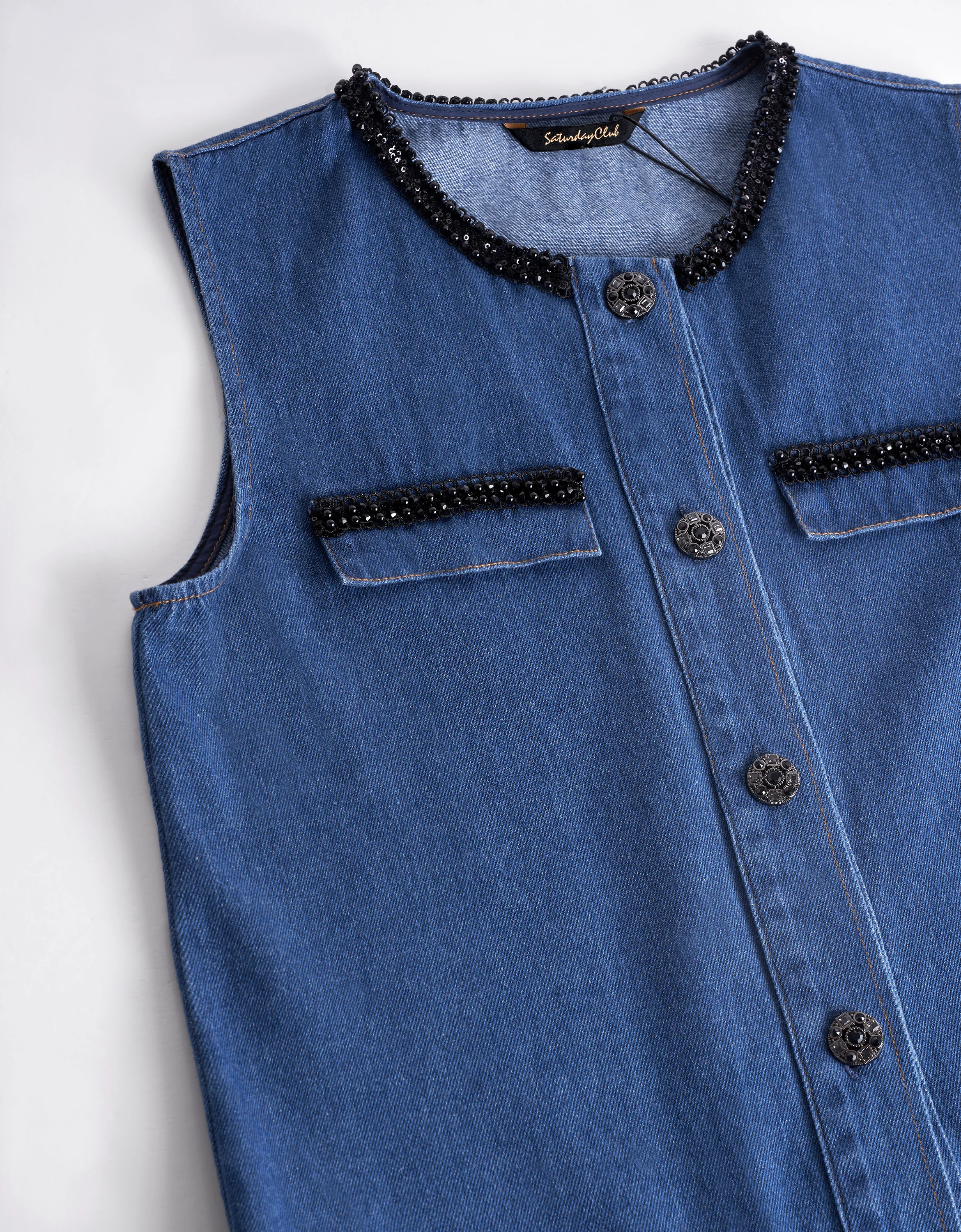 Beaded Trims Sleeveless Denim Dress - Image 9