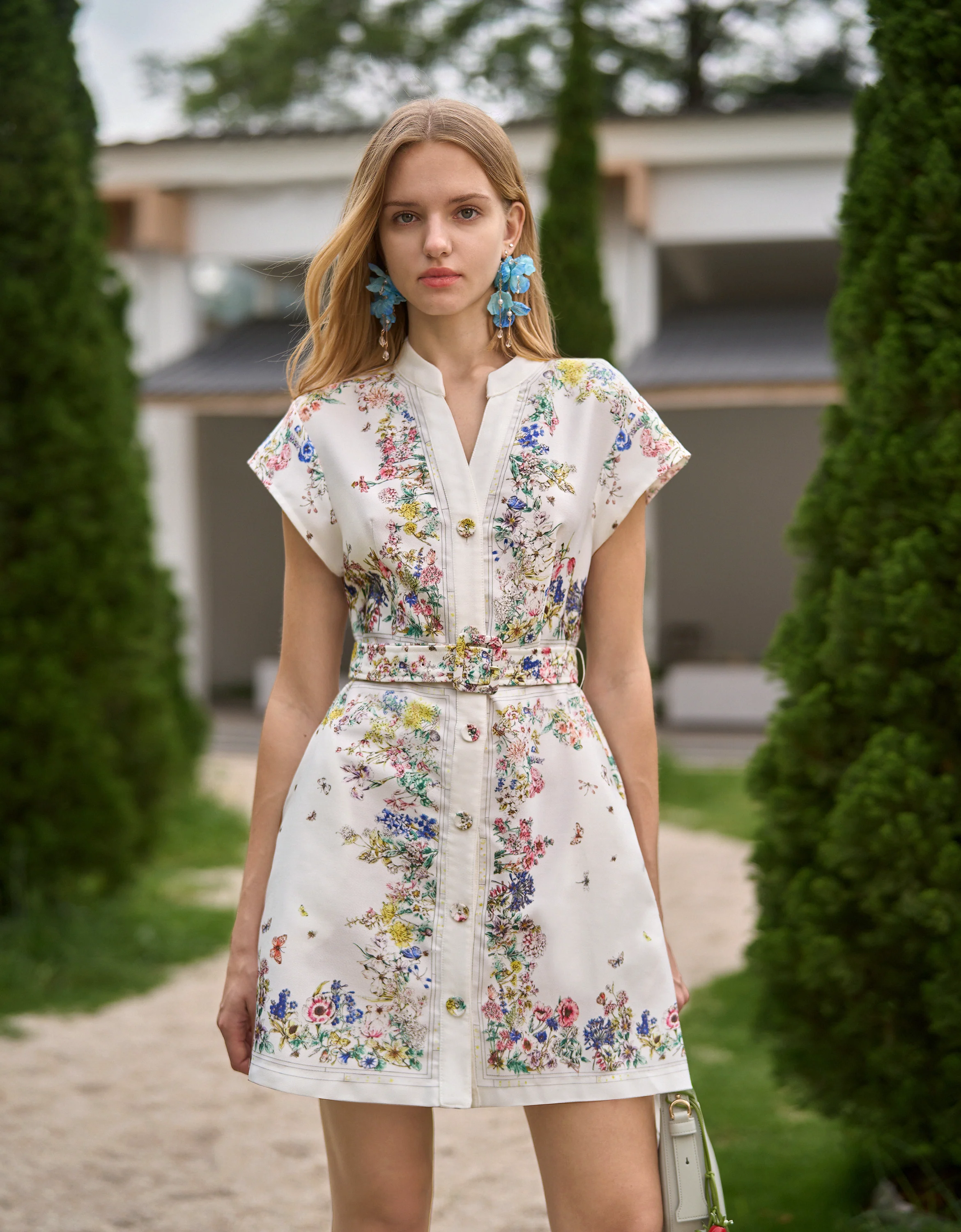 Botanical Print Button Front Cap Sleeve Dress - Image 3
