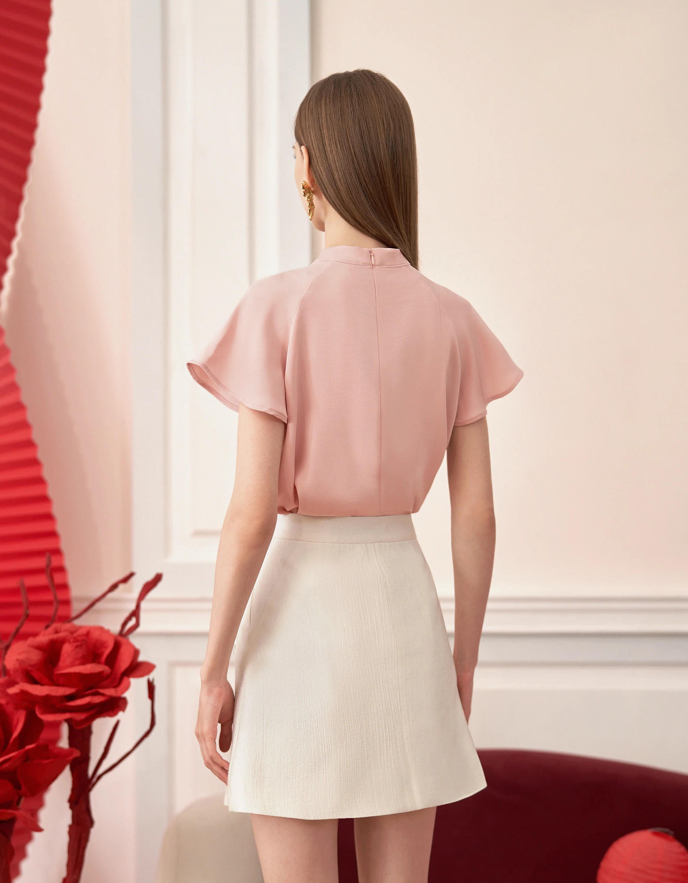 Bow Detail Mandarin Collar Short Sleeve Top - Image 4