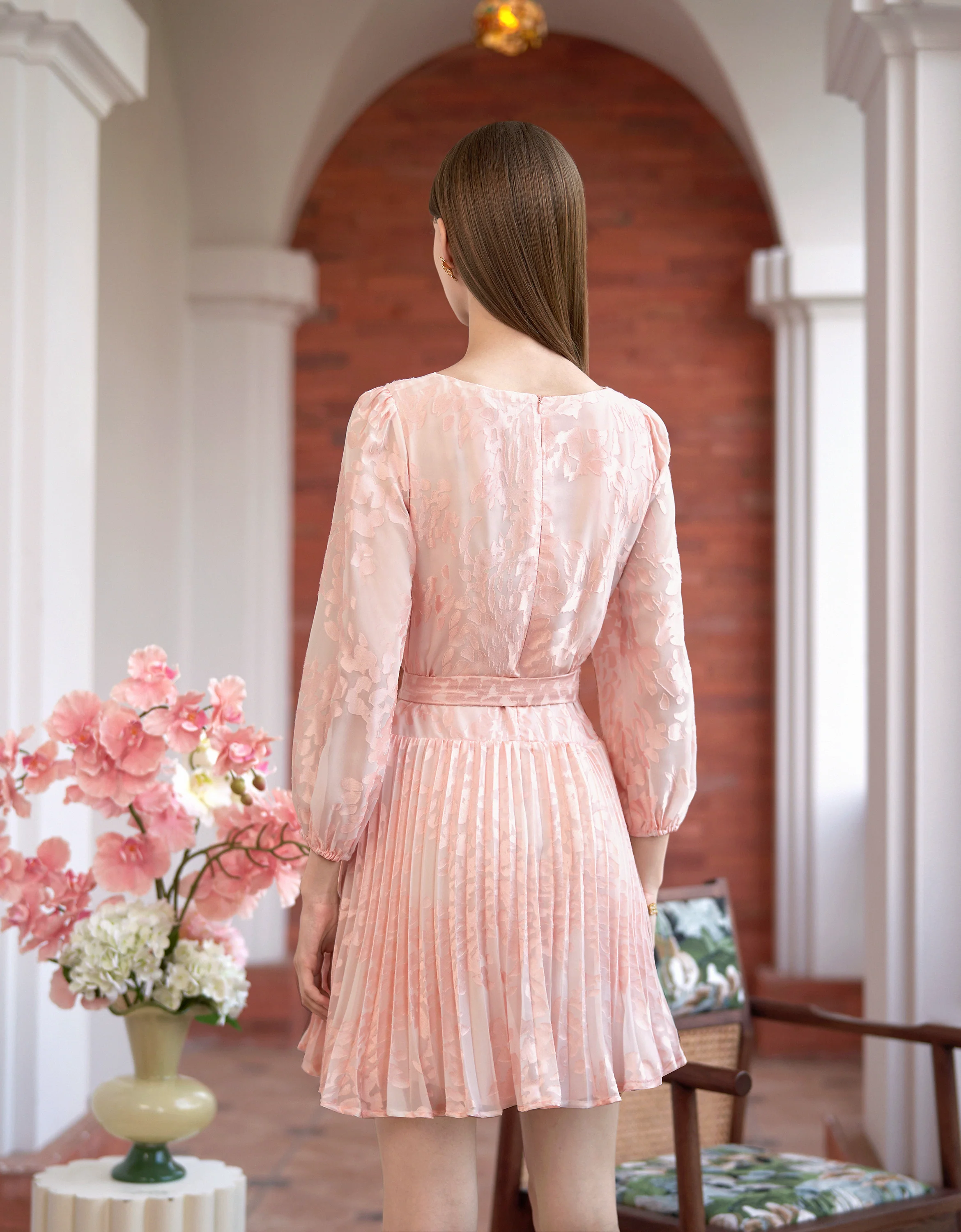 Burnished Fabric 3/4 Sleeve Pleated Dress - Image 4