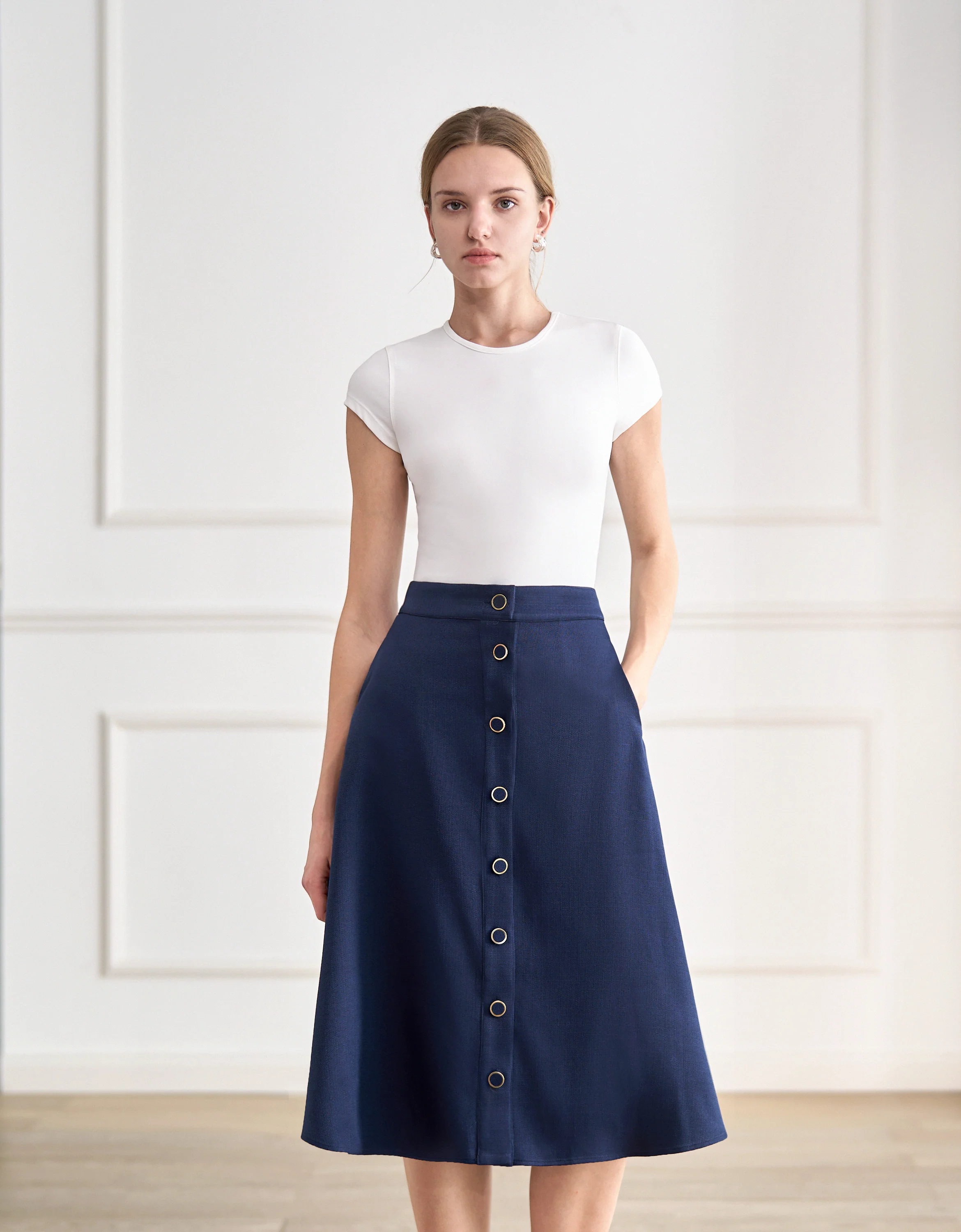 Button Front A-line Midi Skirt