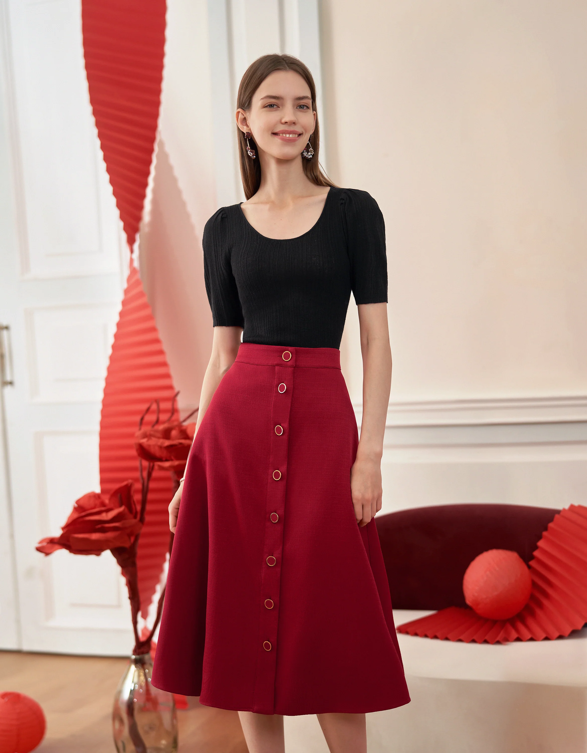 Button Front A-line Midi Skirt - Image 20
