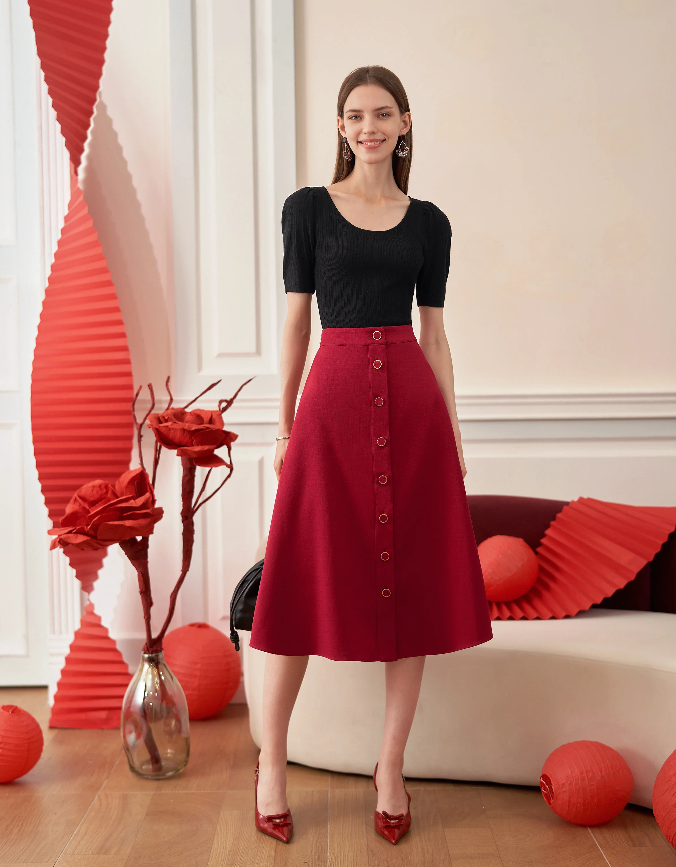 Button Front A-line Midi Skirt - Image 21