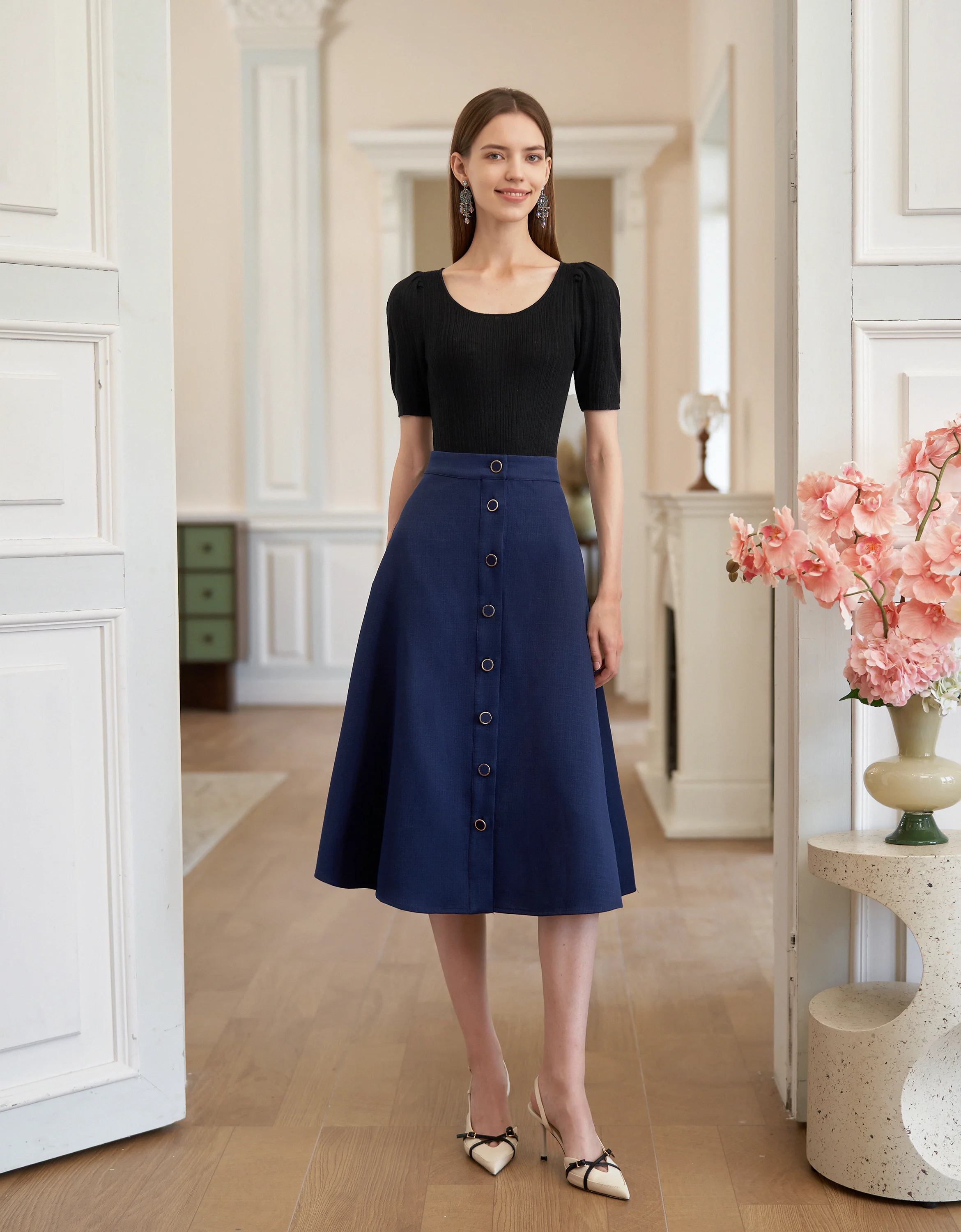 Button Front A-line Midi Skirt - Image 4