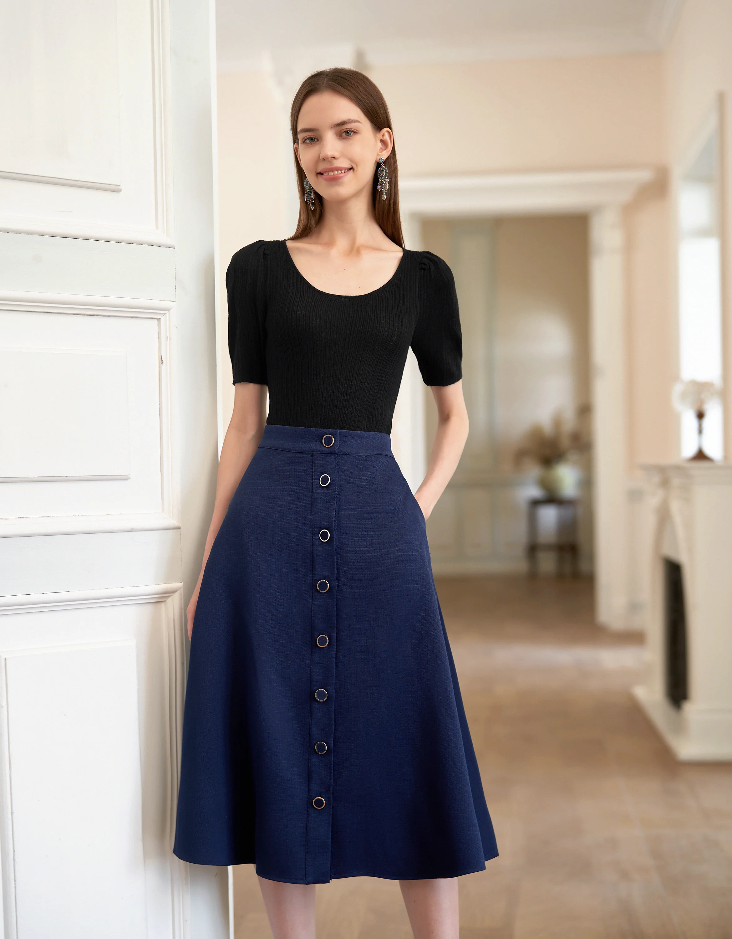 Button Front A-line Midi Skirt - Image 5