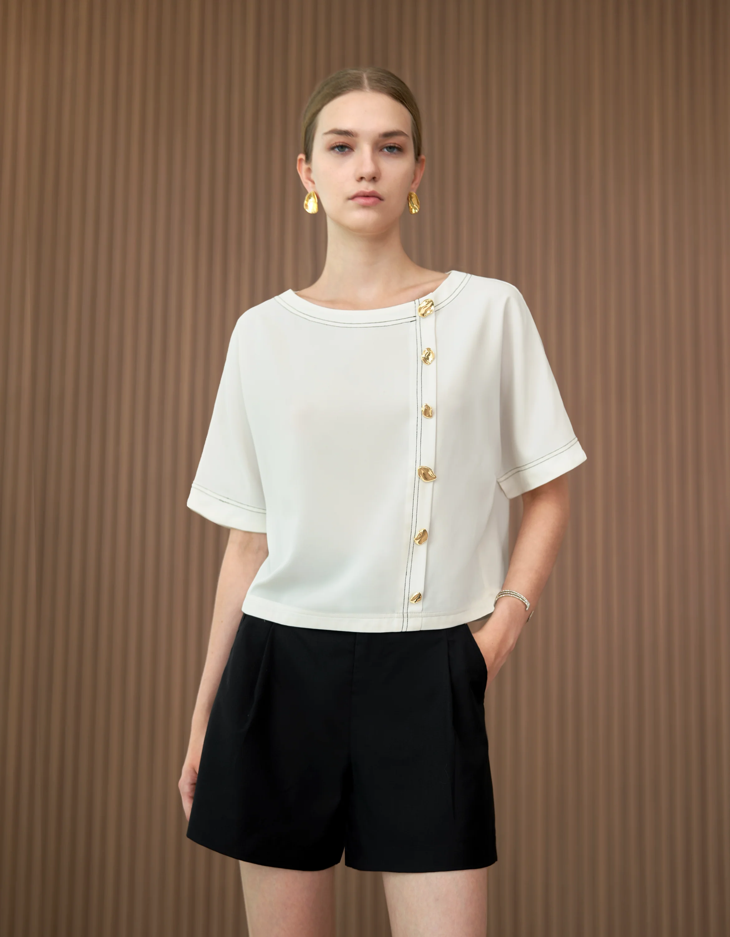 Button Front Boat Neck Short Sleeve Top - Image 2