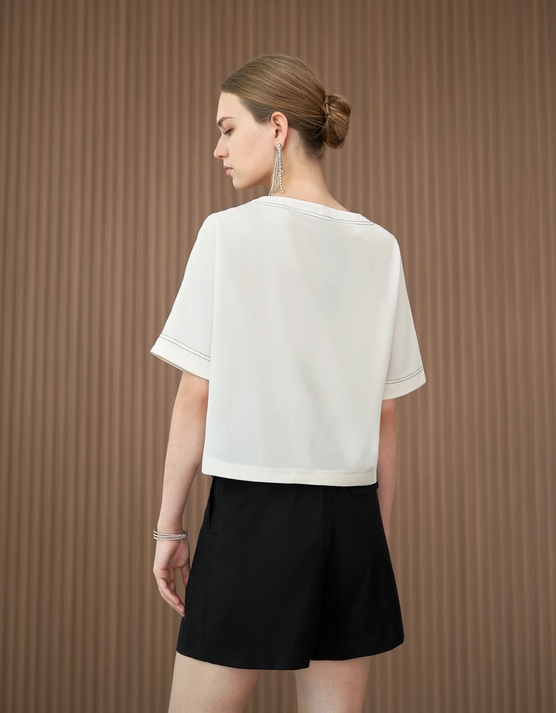 Button Front Boat Neck Short Sleeve Top - Image 3