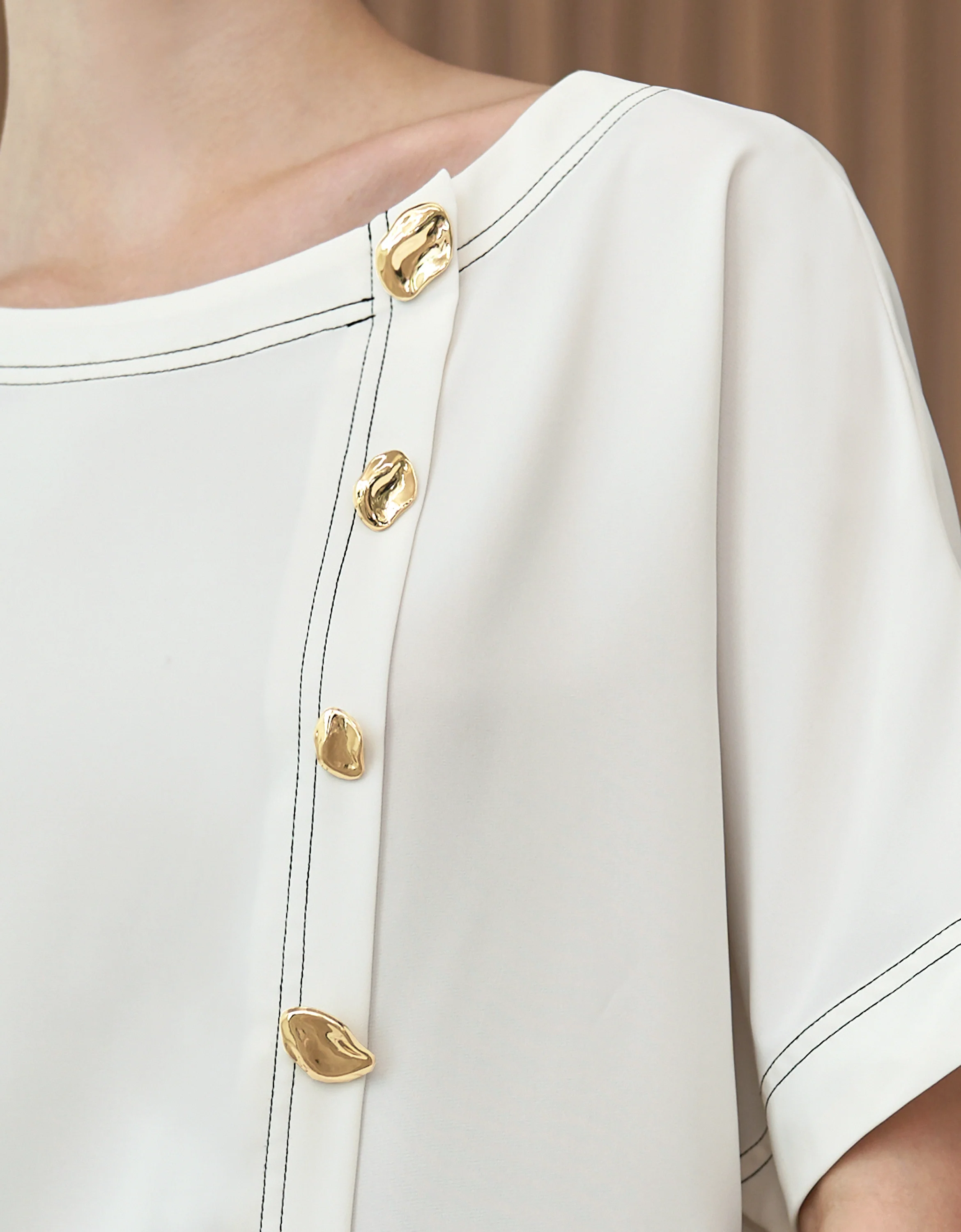 Button Front Boat Neck Short Sleeve Top - Image 4