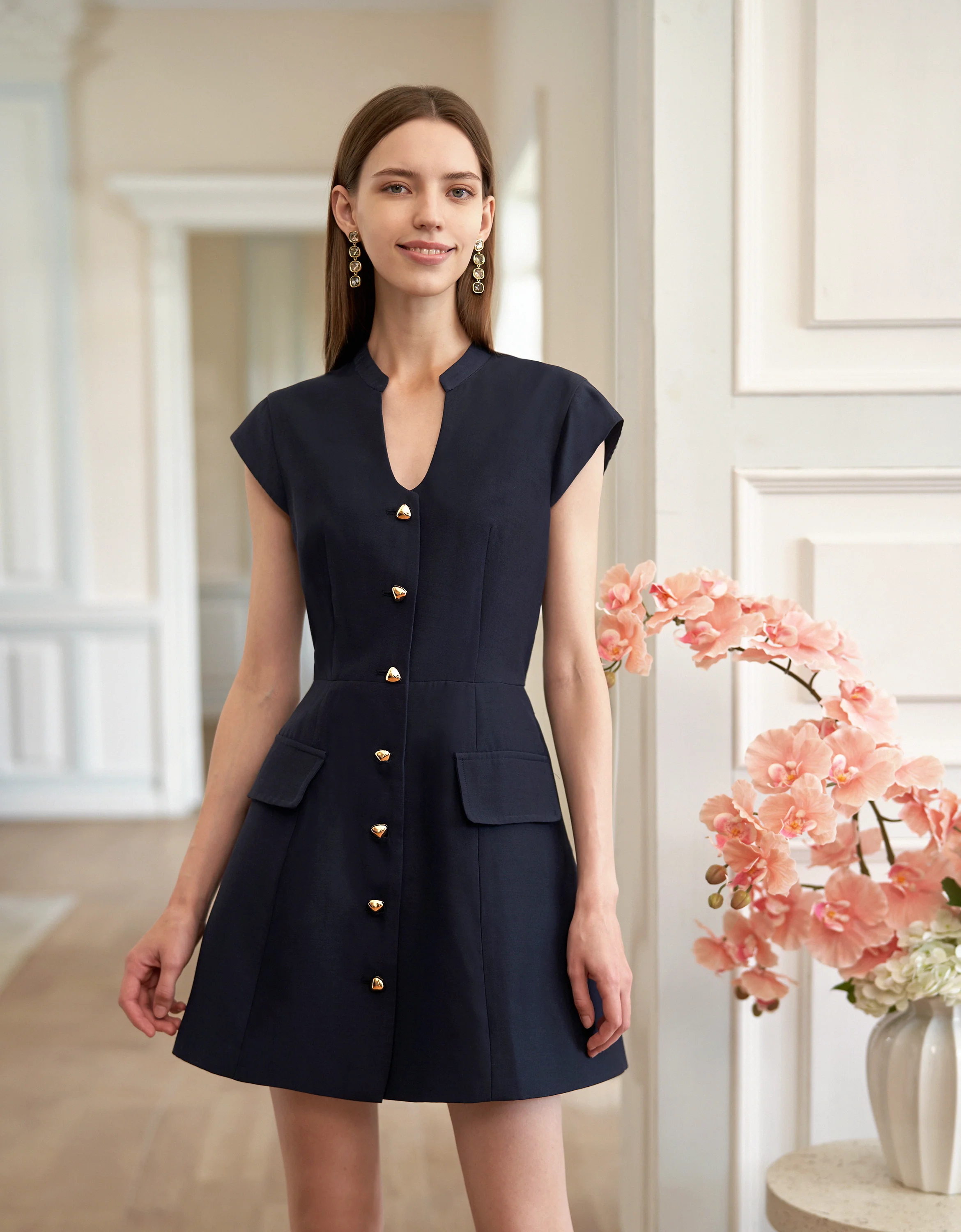 Button Front Cap Sleeve Short Dress