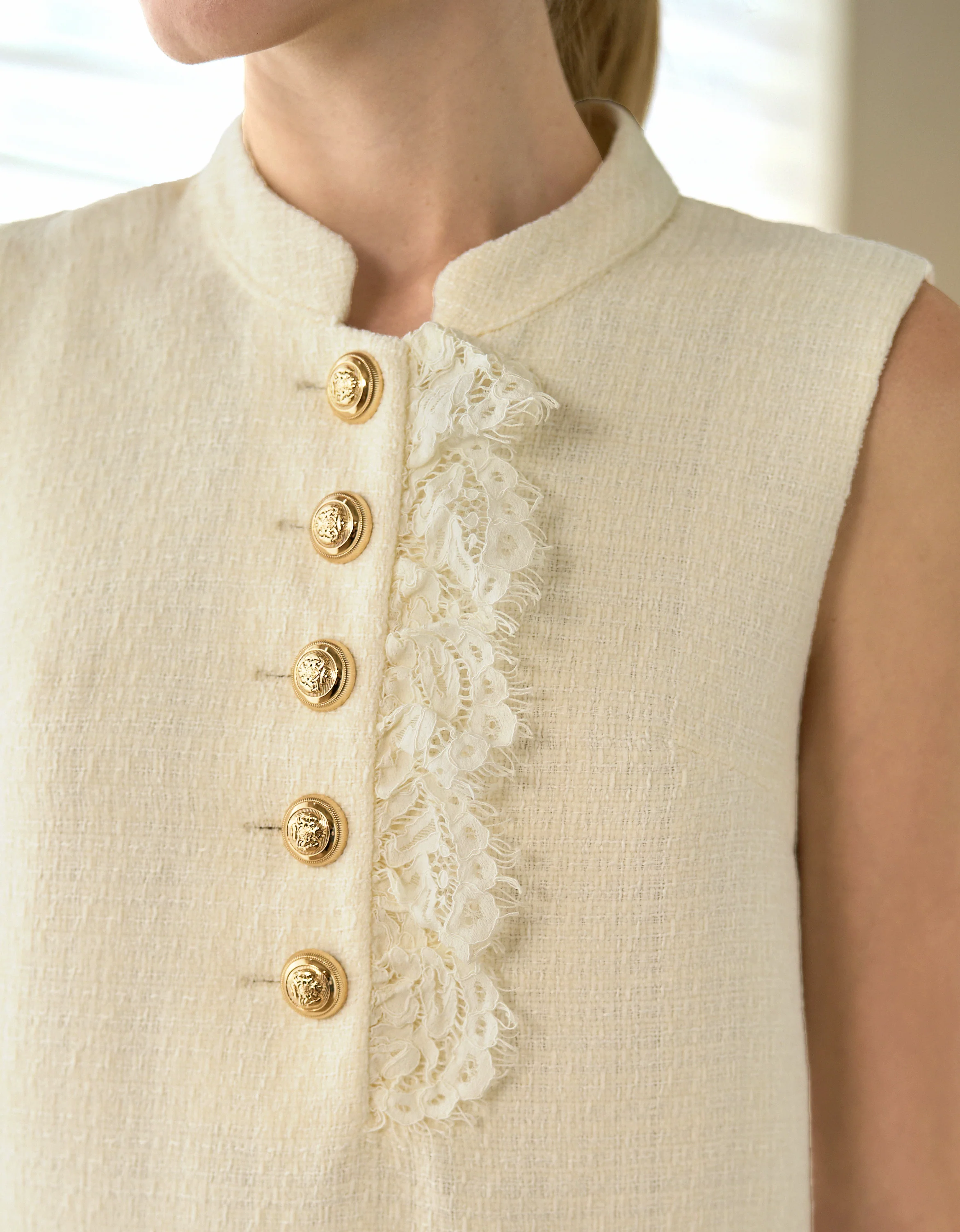 Button Front Lace Trim Tweed Dress - Image 4