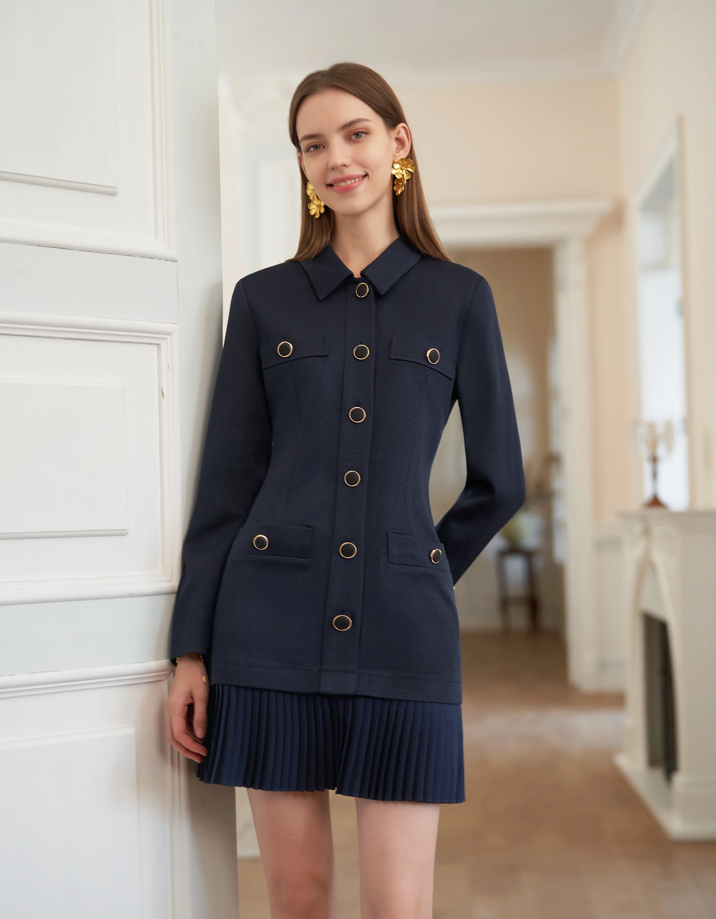 Button Front Long Sleeve Pleated Dress - Image 3