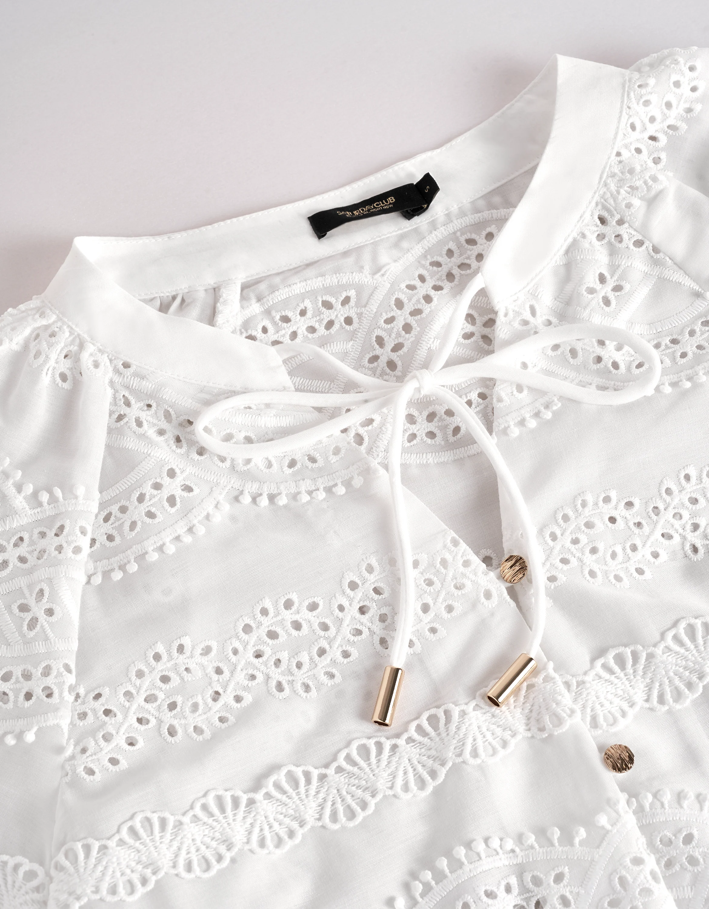 Button Front Neck Tie Long Sleeve Embroidered Top - Image 7