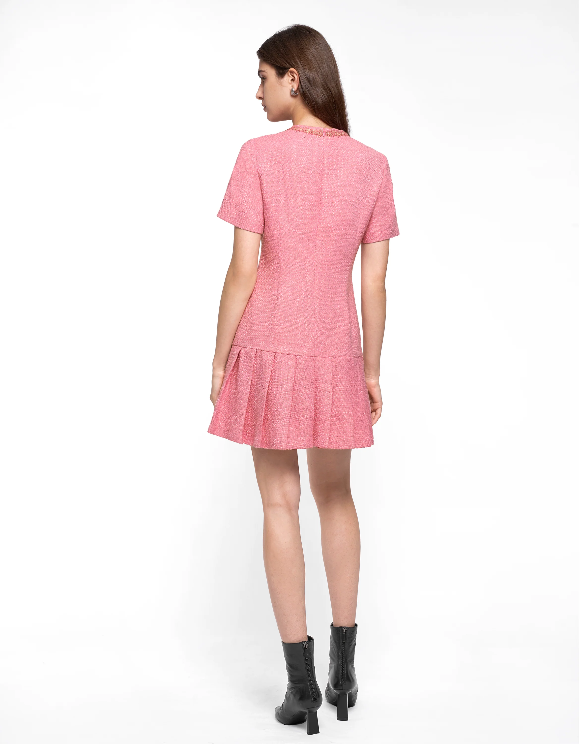 Button Front Pleated Hem Tweed Dress - Image 21
