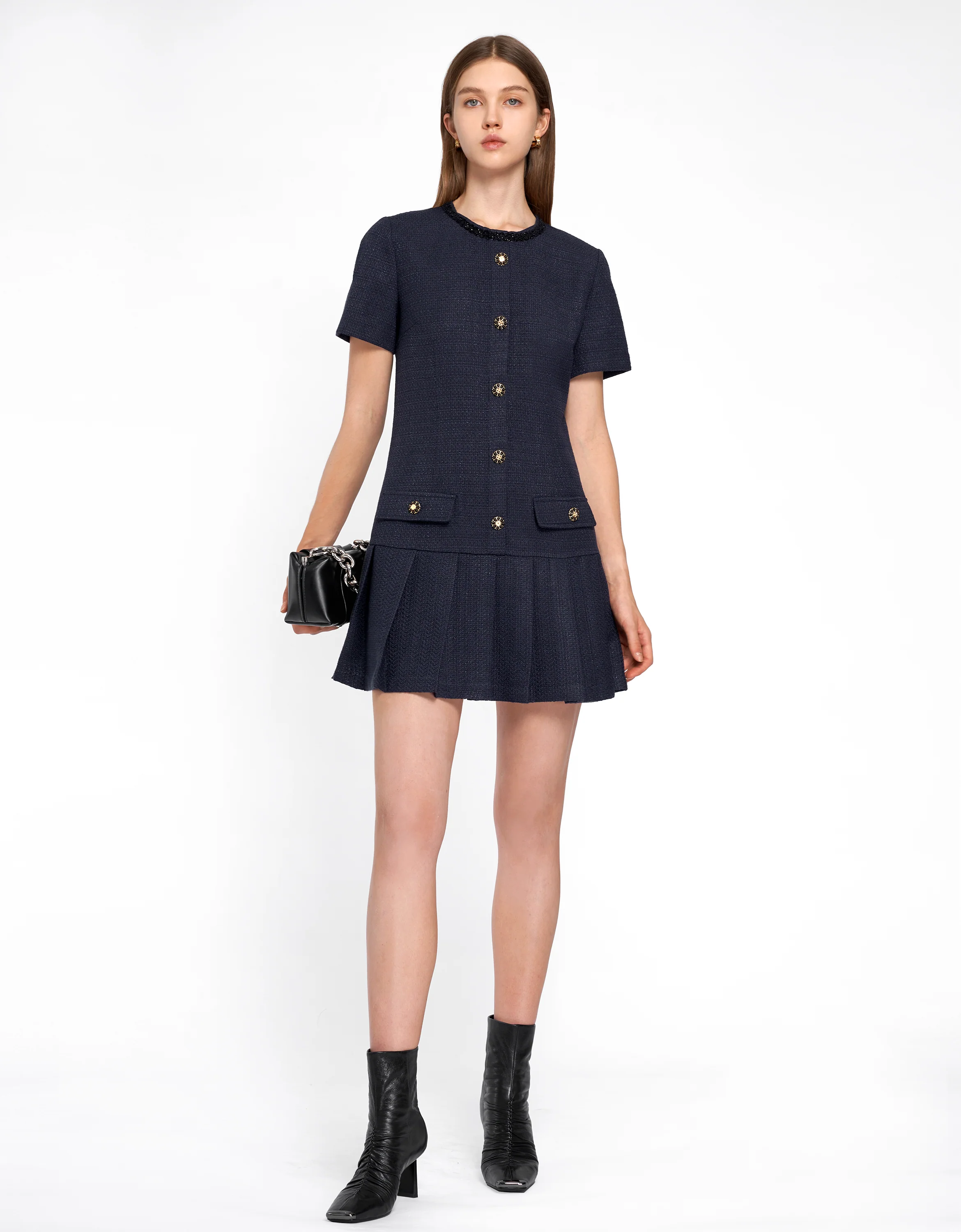 Button Front Pleated Hem Tweed Dress - Image 4