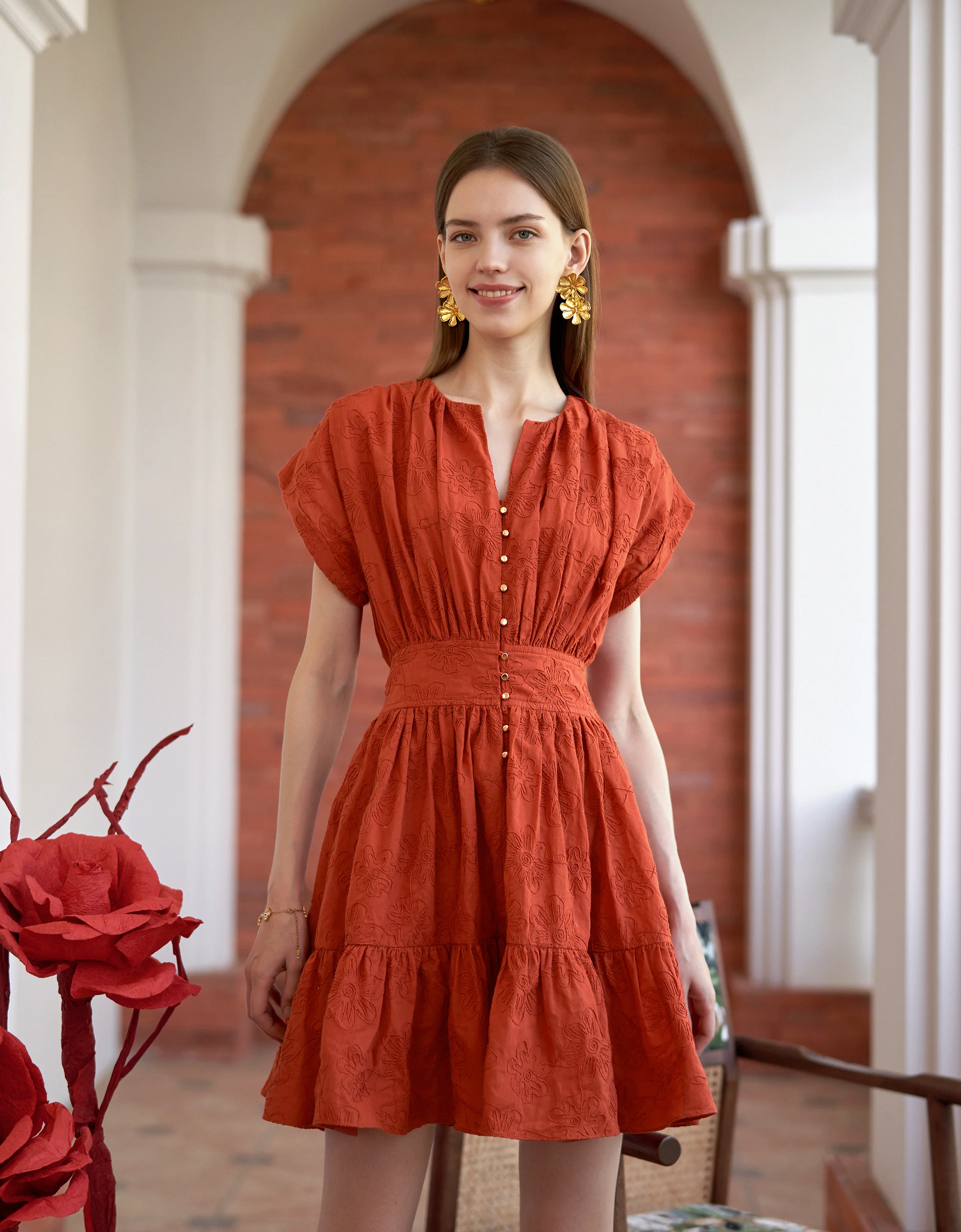 Button Front Ruffled Hem Pleated Dress - Image 10