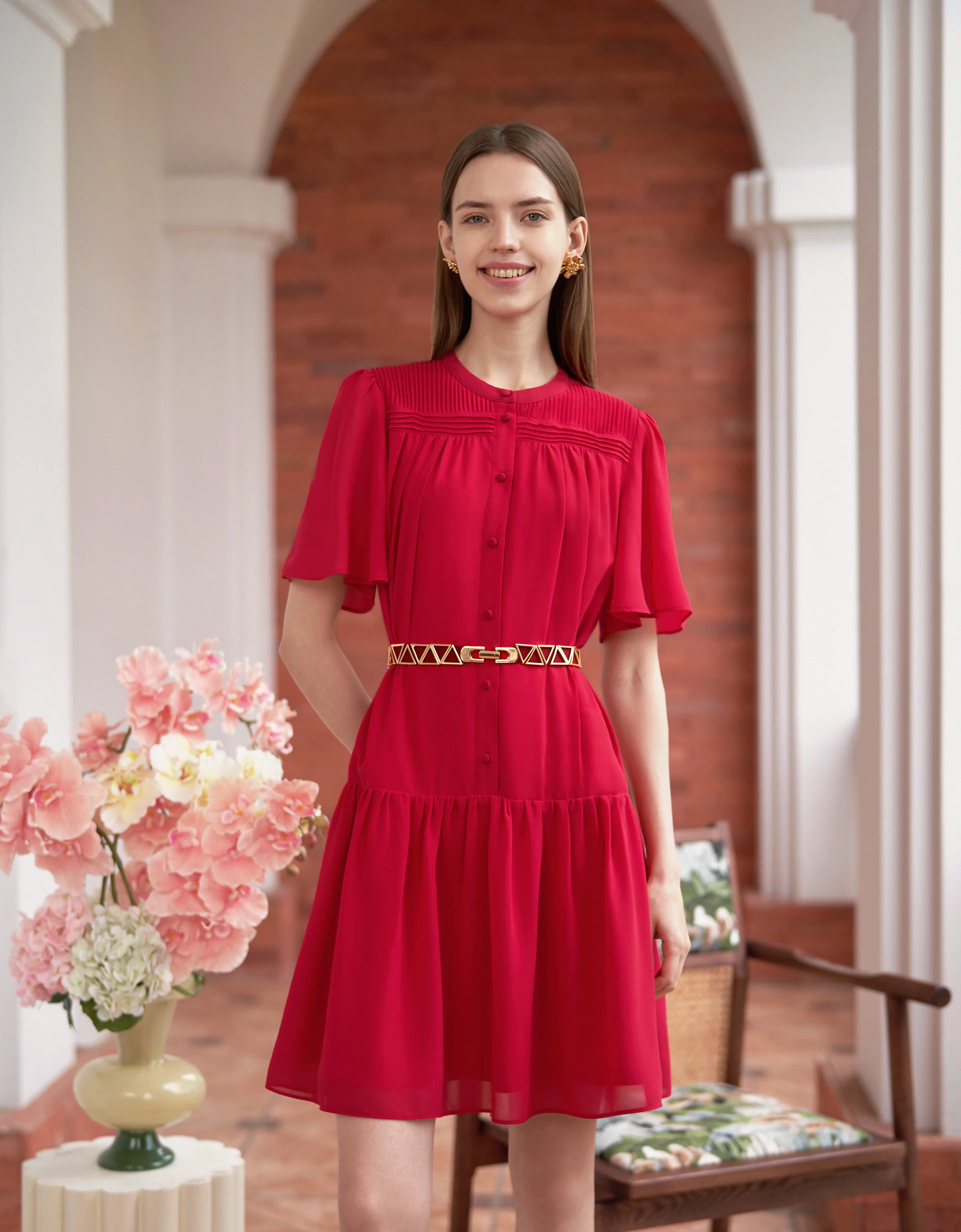 Button Front Ruffled Sleeves Round Neck Dress
