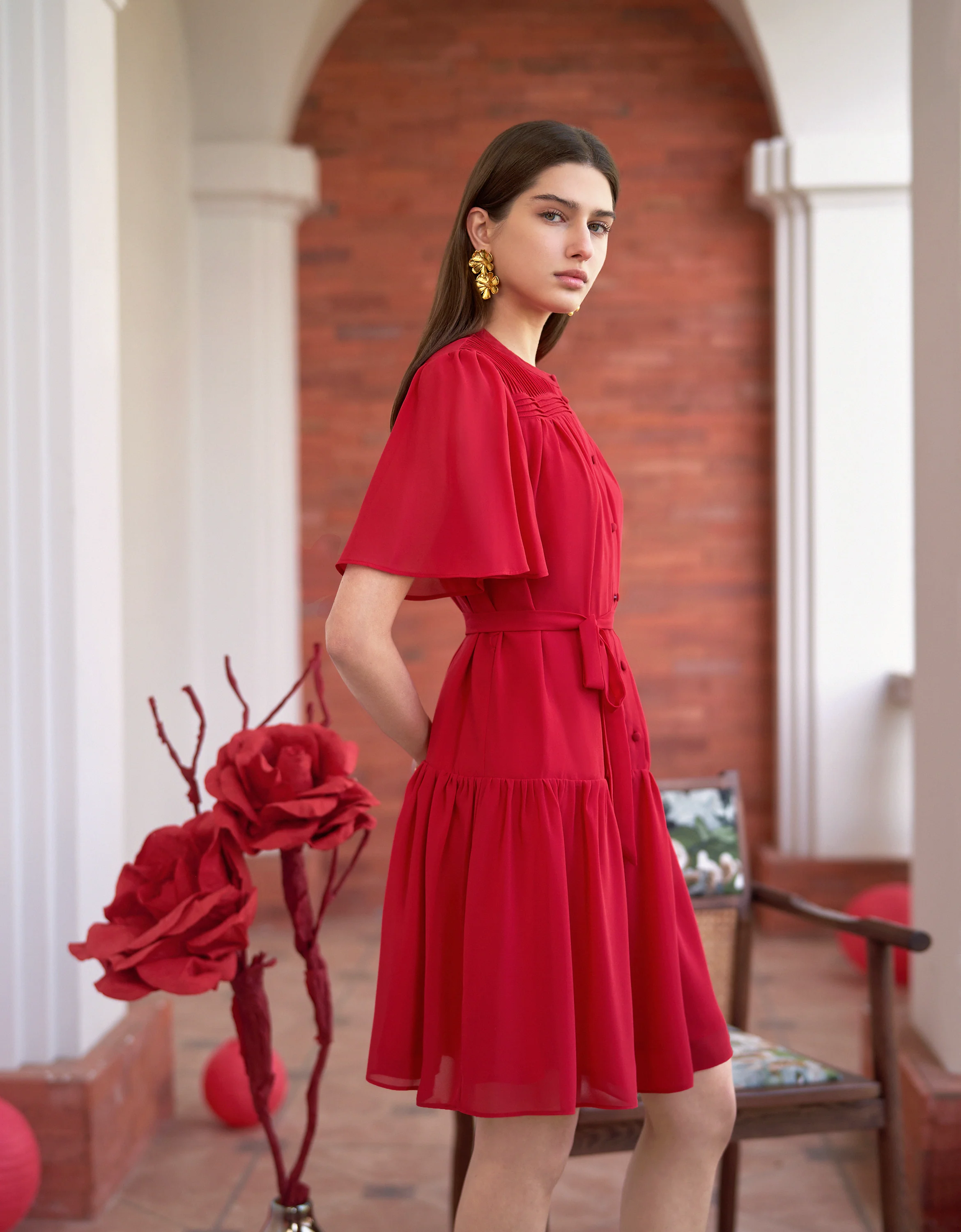 Button Front Ruffled Sleeves Round Neck Dress - Image 4