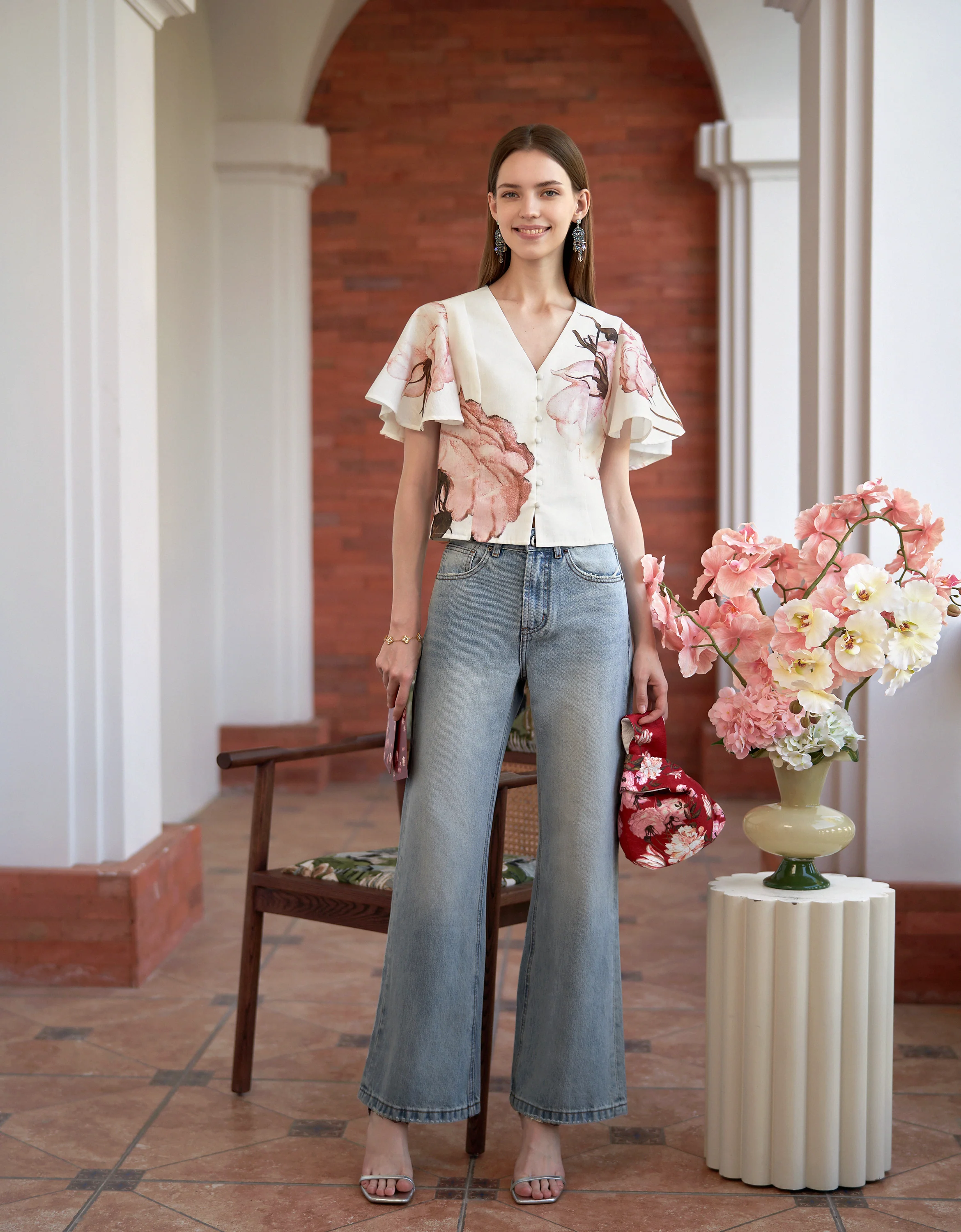 Button Front Ruffled Sleeves V-neck Top - Image 6