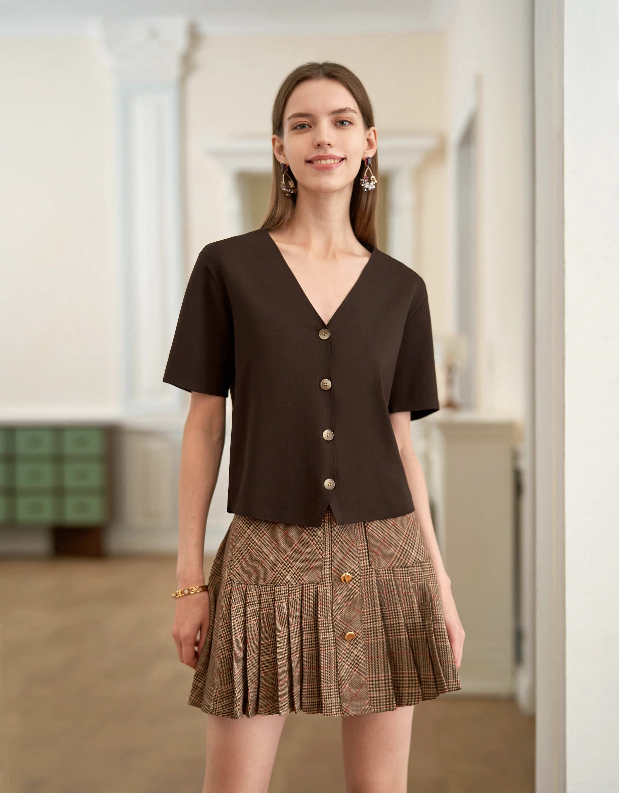 Button Front Short Sleeve Knit Top