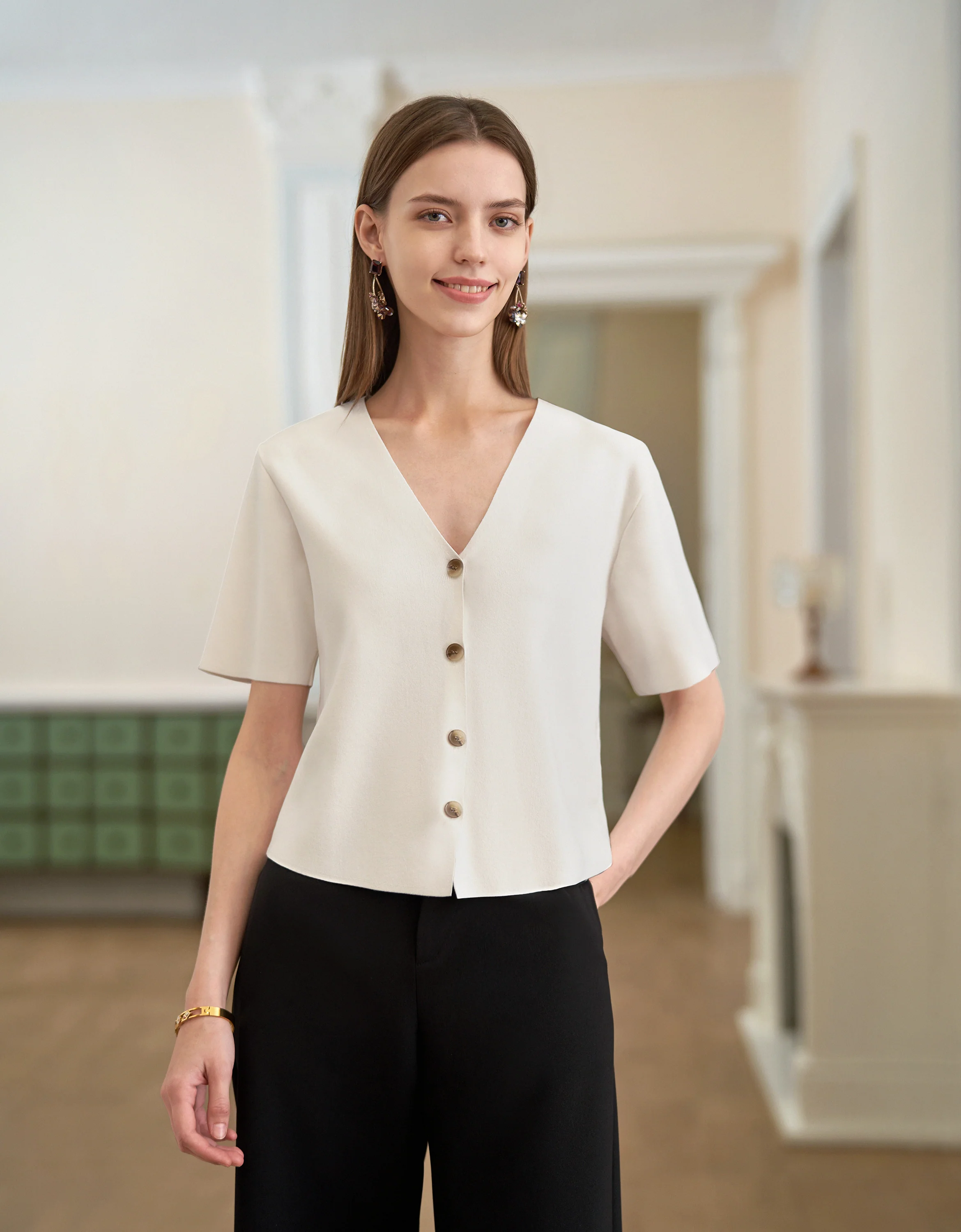 Button Front Short Sleeve Knit Top - Image 14