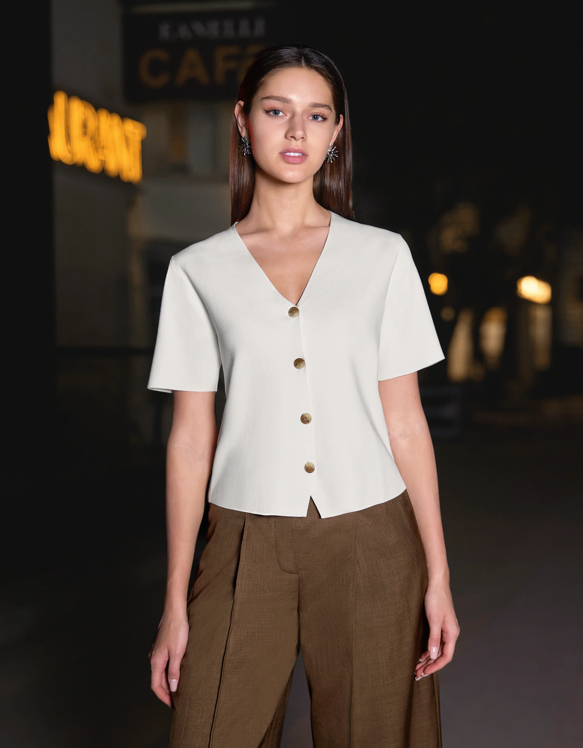Button Front Short Sleeve Knit Top - Image 15