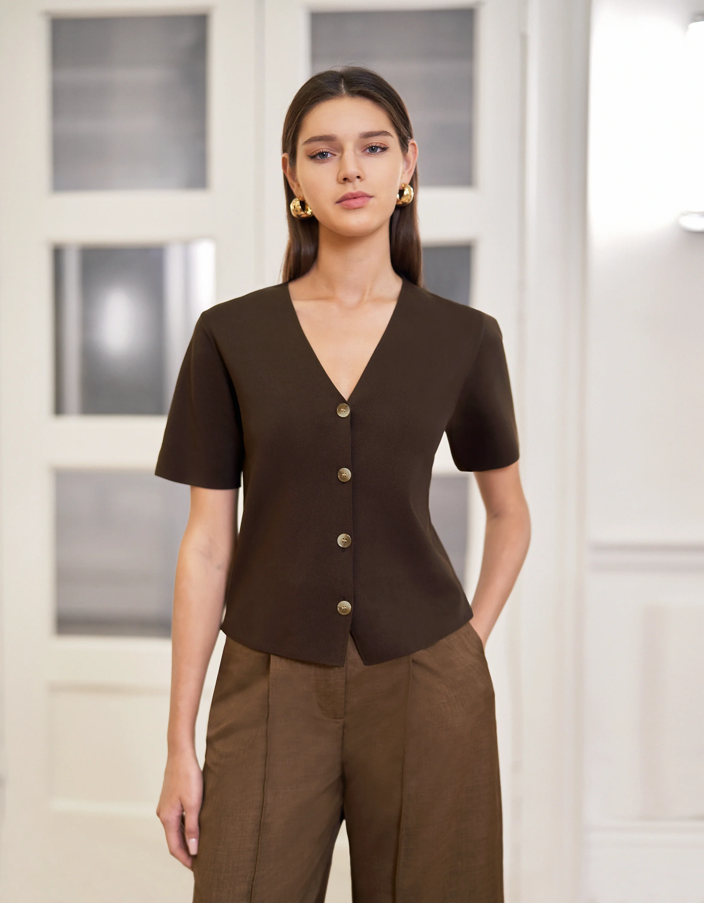 Button Front Short Sleeve Knit Top - Image 3