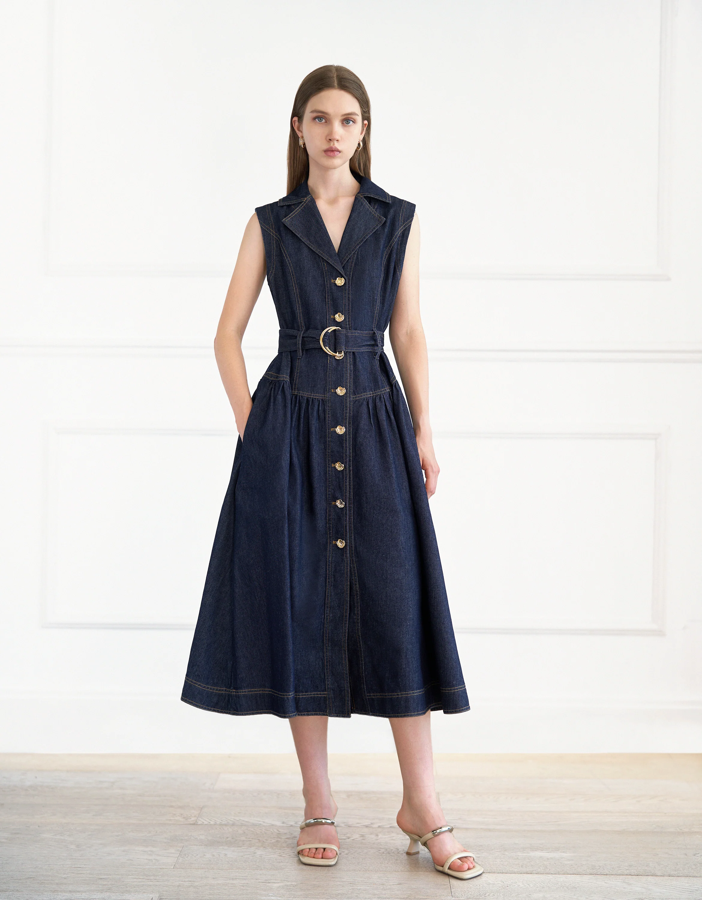Button Front Sleeveless Denim Dress