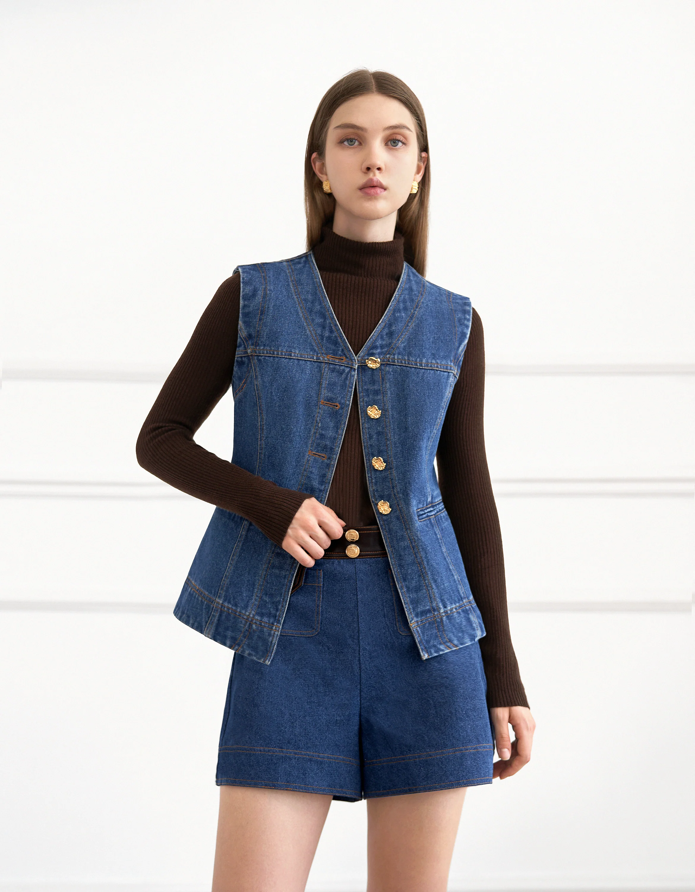 Button Front Sleeveless Denim Vest