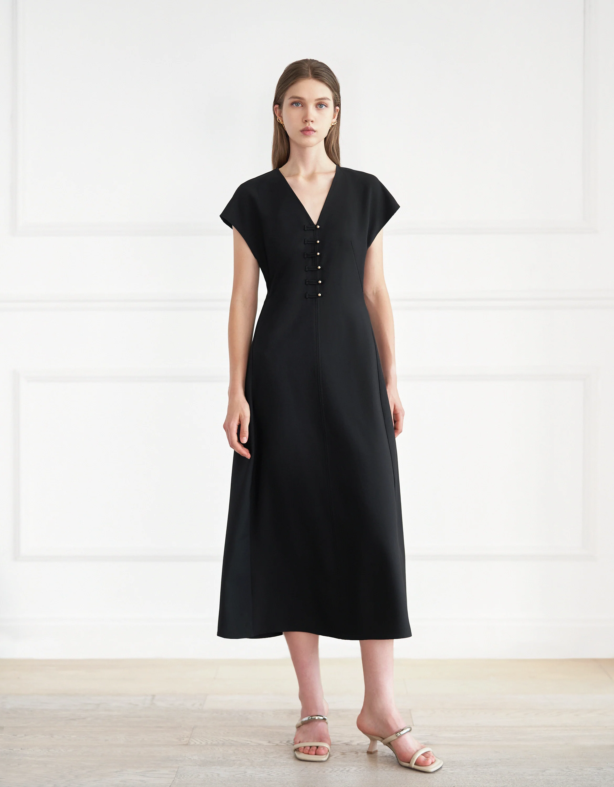 Button Front V-neck Midi Dress - Image 13