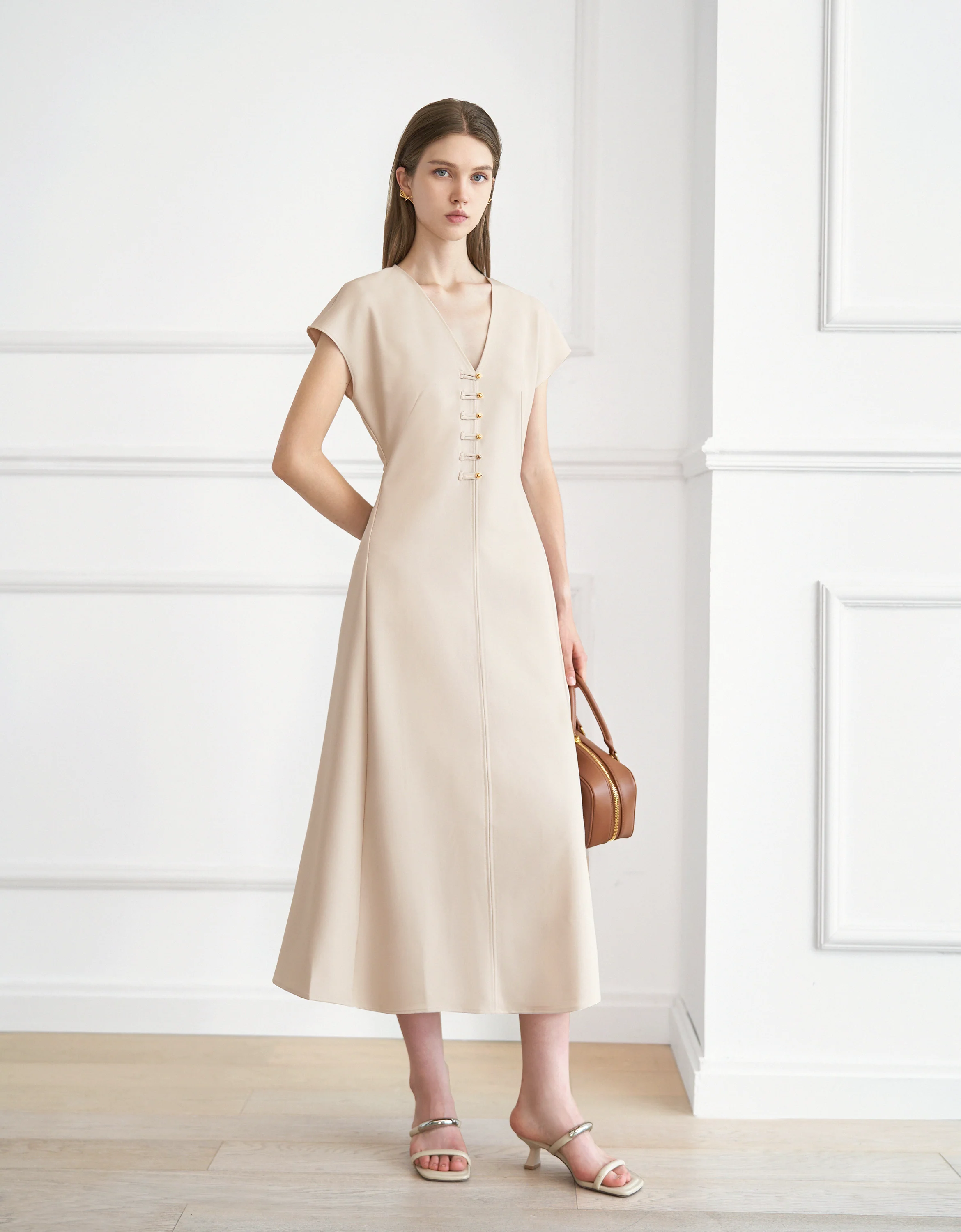 Button Front V-neck Midi Dress - Image 2
