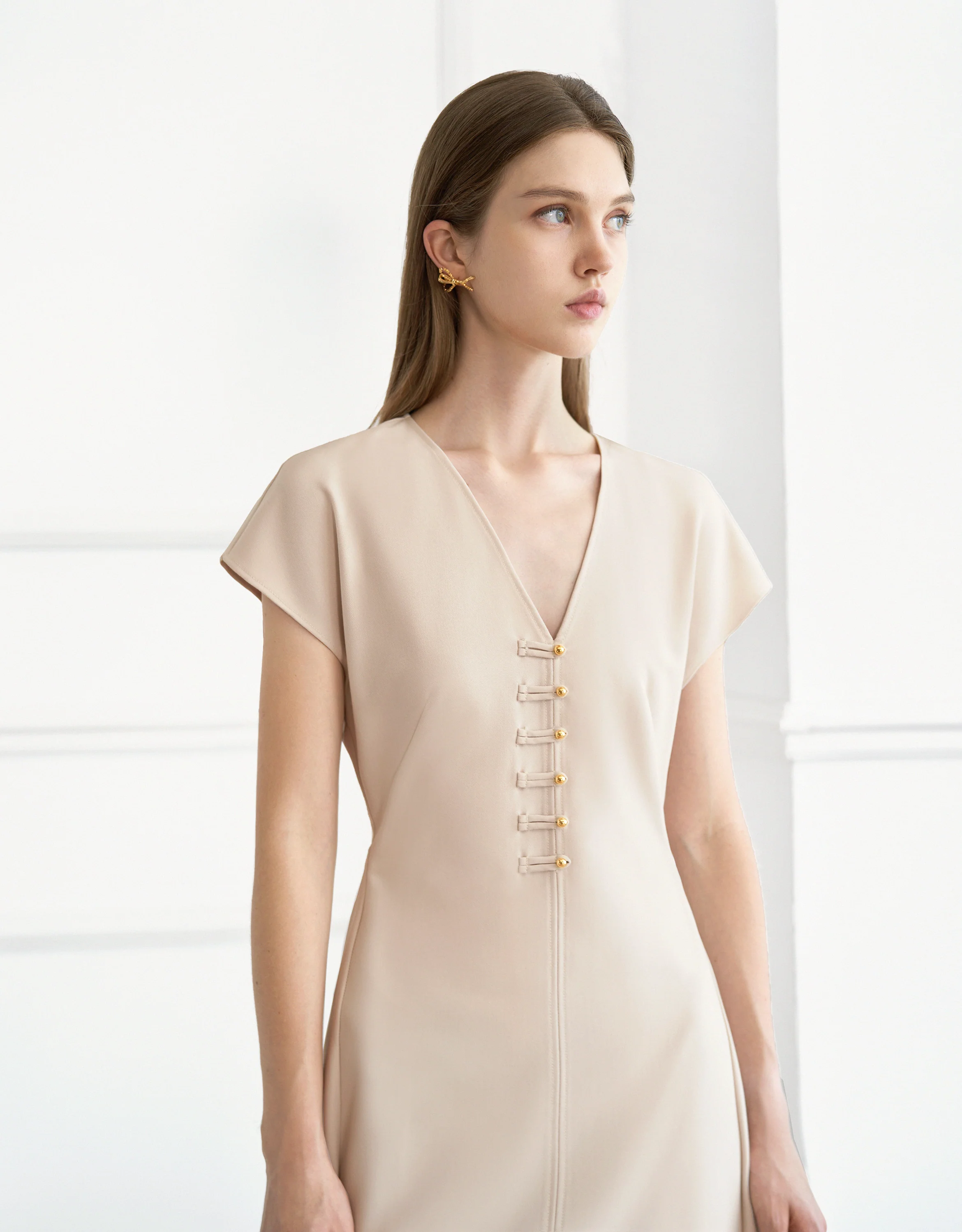Button Front V-neck Midi Dress - Image 3
