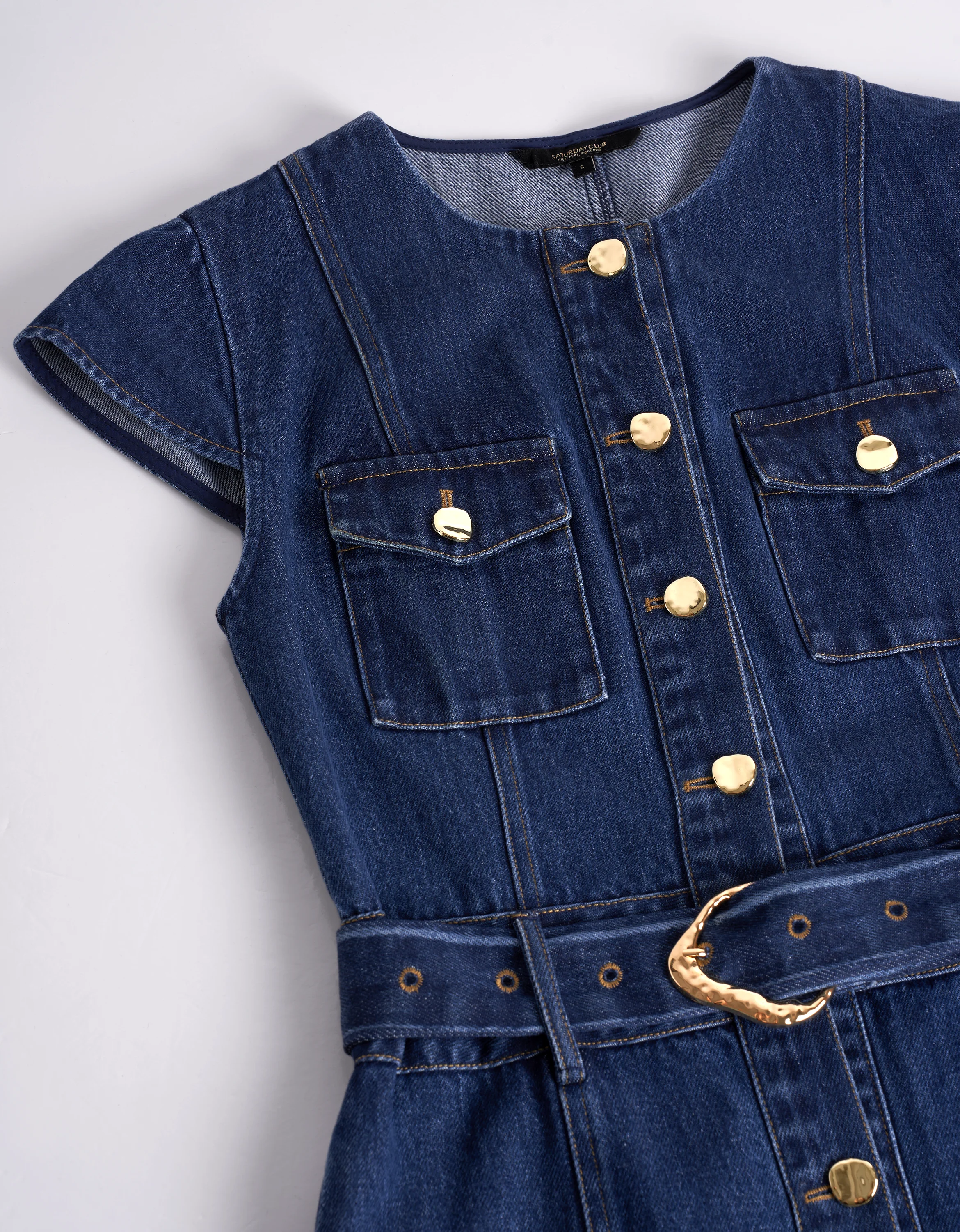Cap Sleeve Belted Denim Dress - Image 5