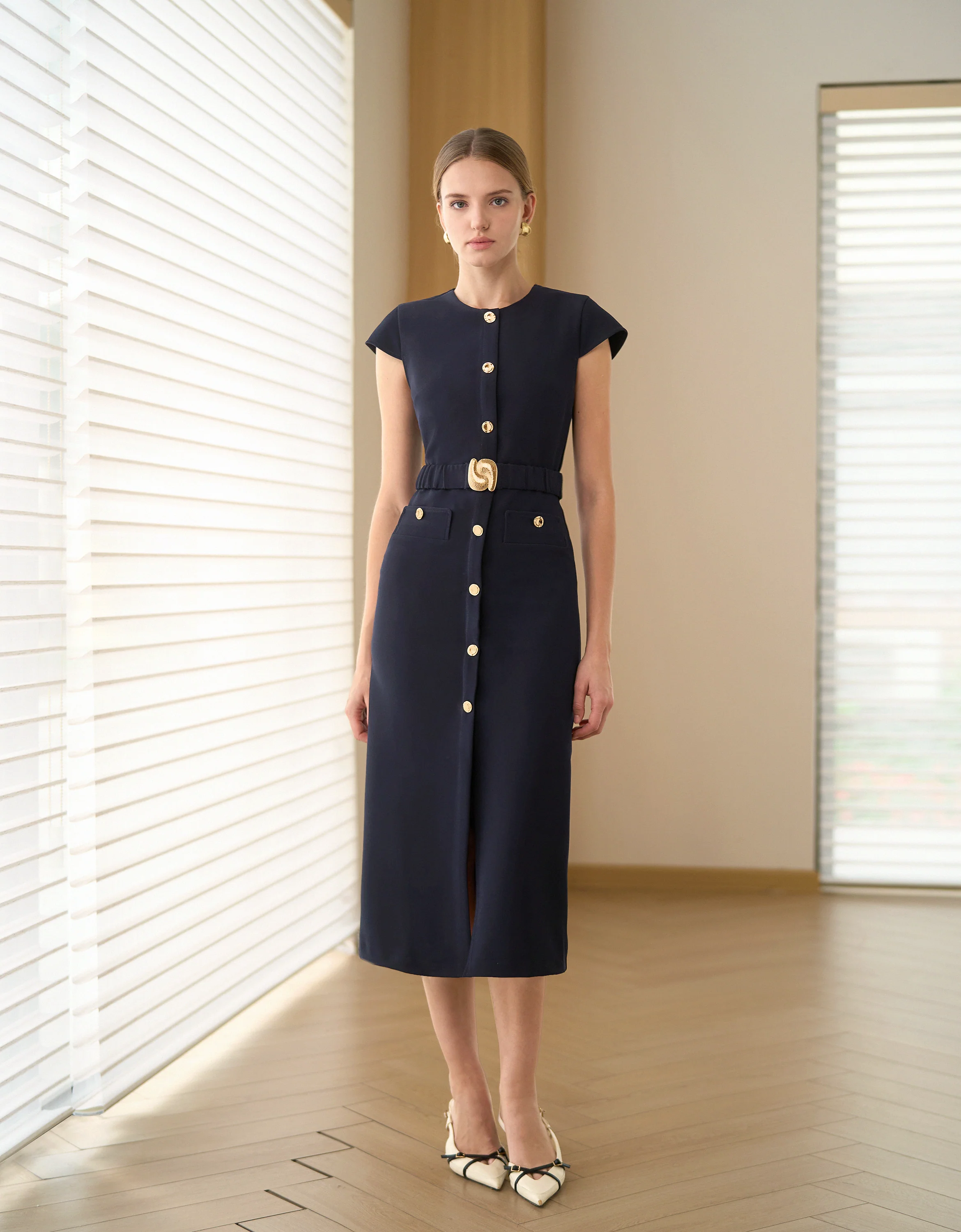 Cap Sleeve Button Front Midi Dress