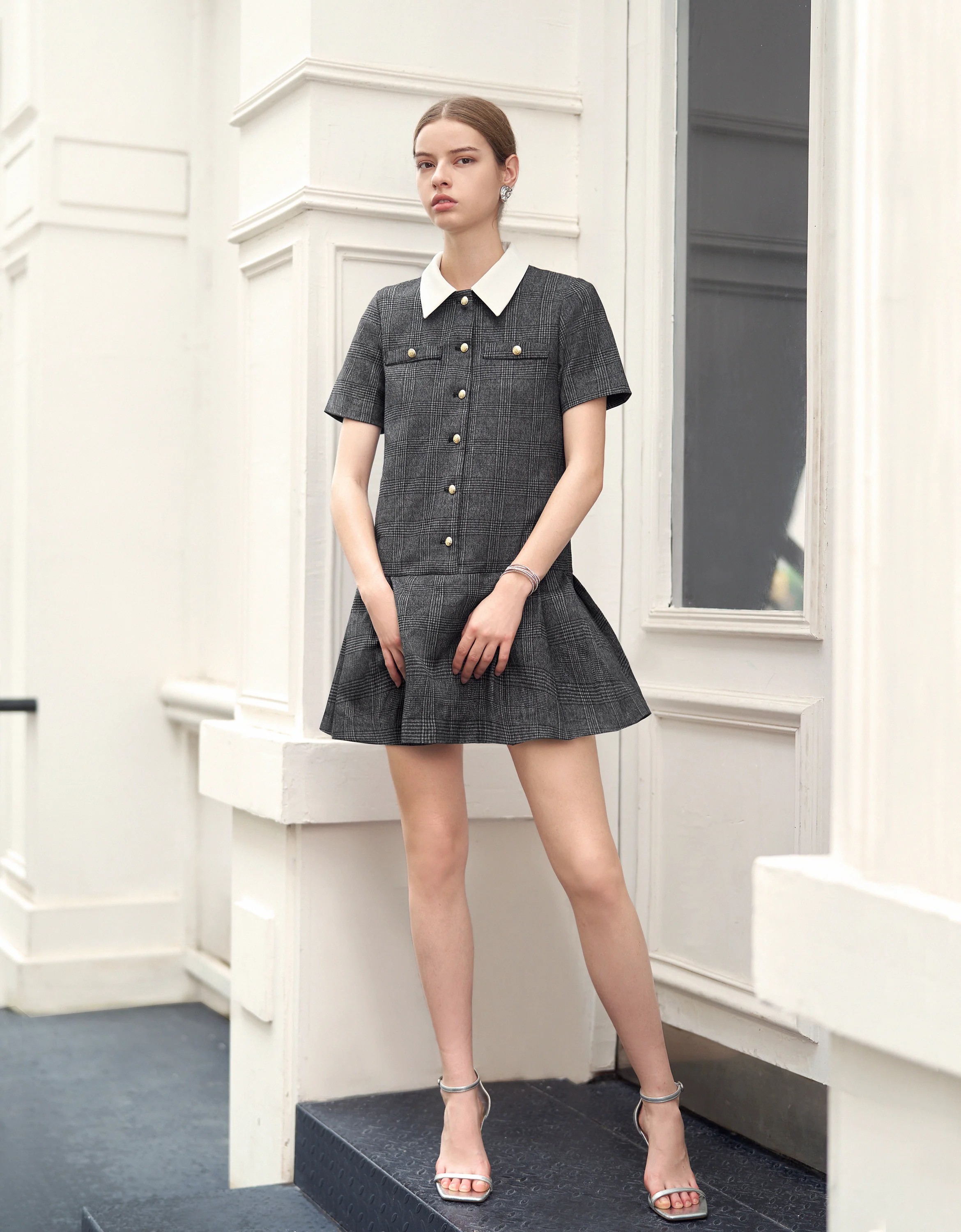 Contrast Collar Pleated Hem Plaid Dress - Image 5