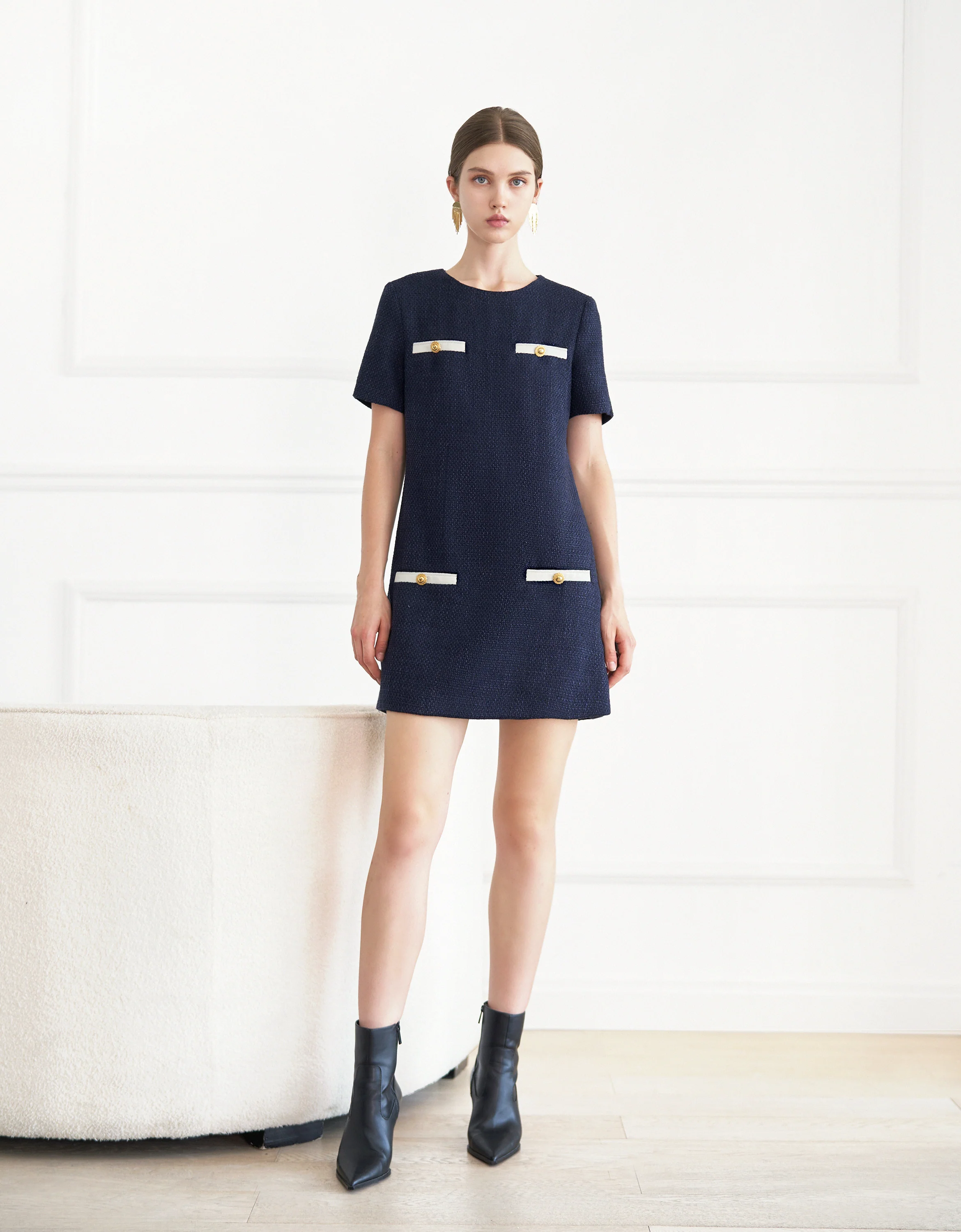 Contrast Detail Short Sleeve Tweed Dress