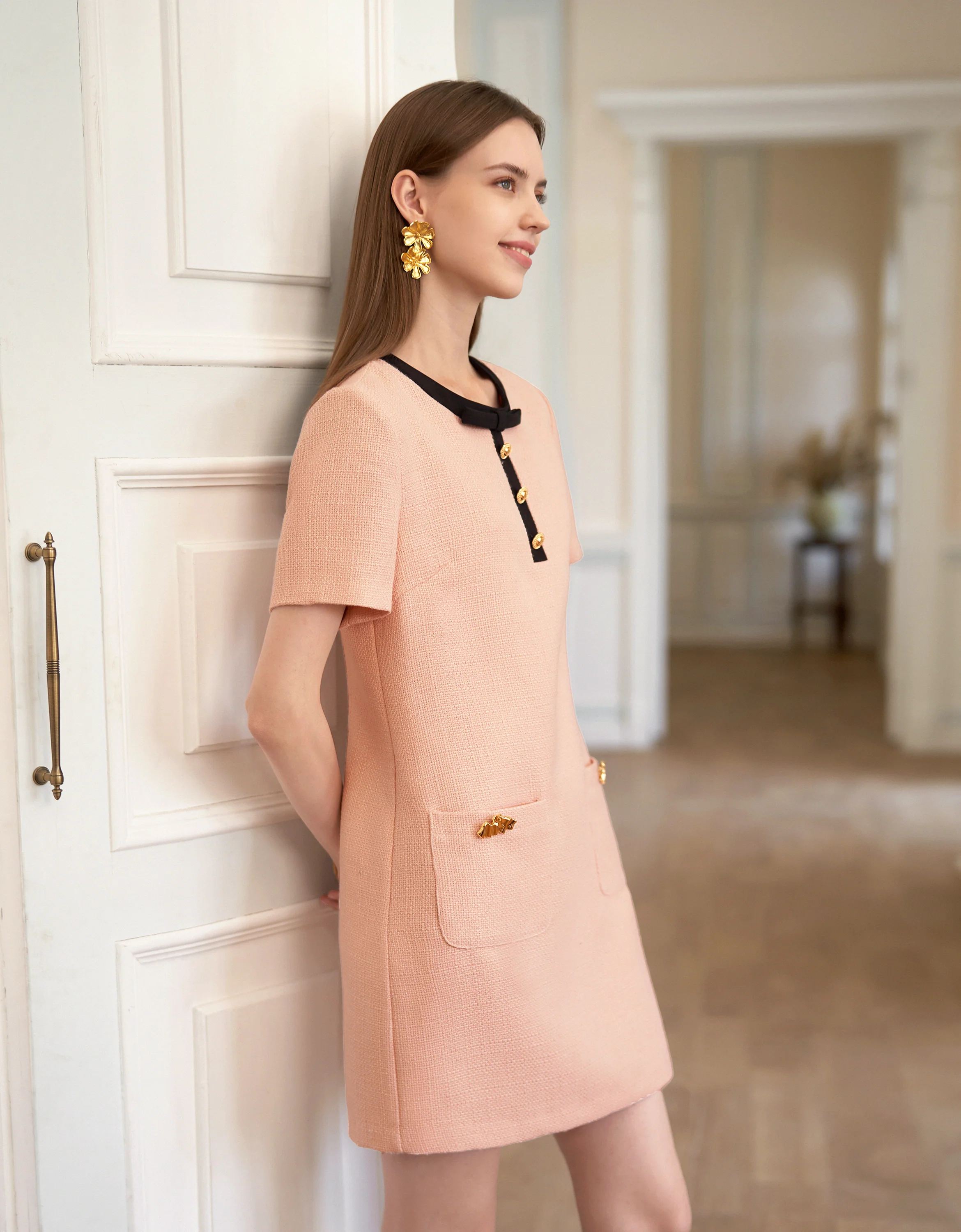 Contrast Neckline Short Sleeve Tweed Dress - Image 3