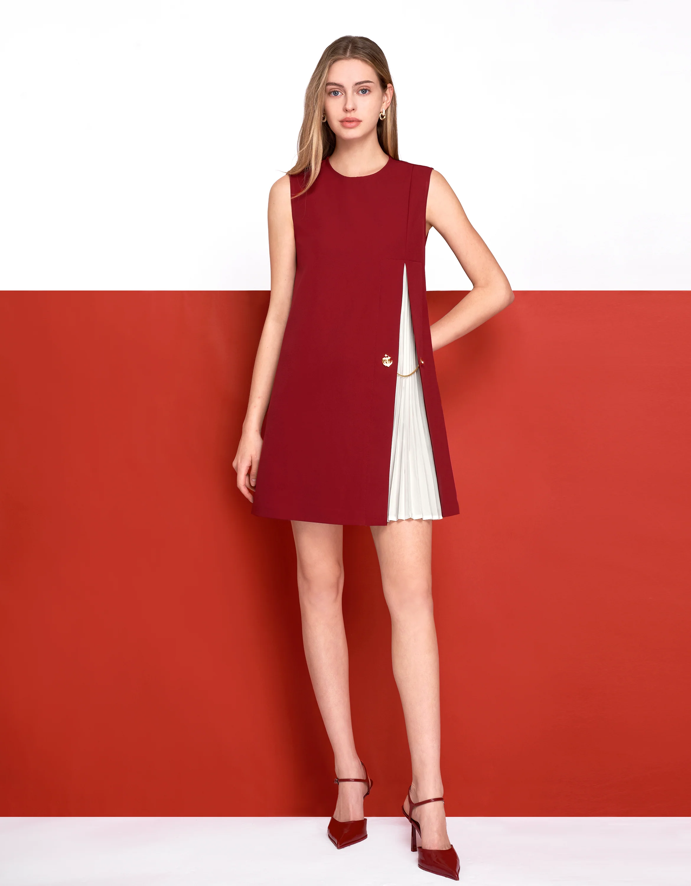 Contrast Pleated Panel Sleeveless Dress - Image 23