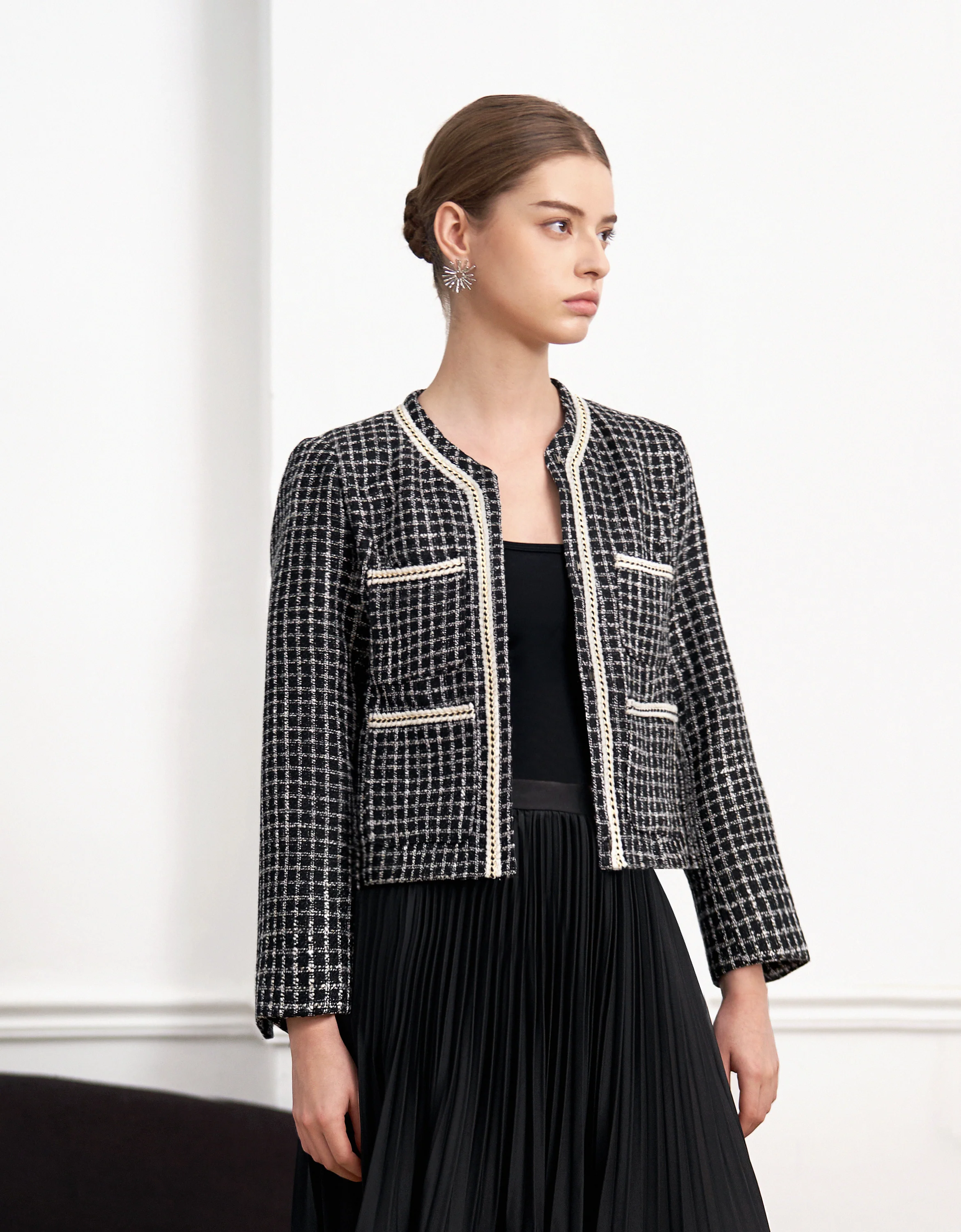 Contrast Trims Round Neck Plaid Jacket - Image 4