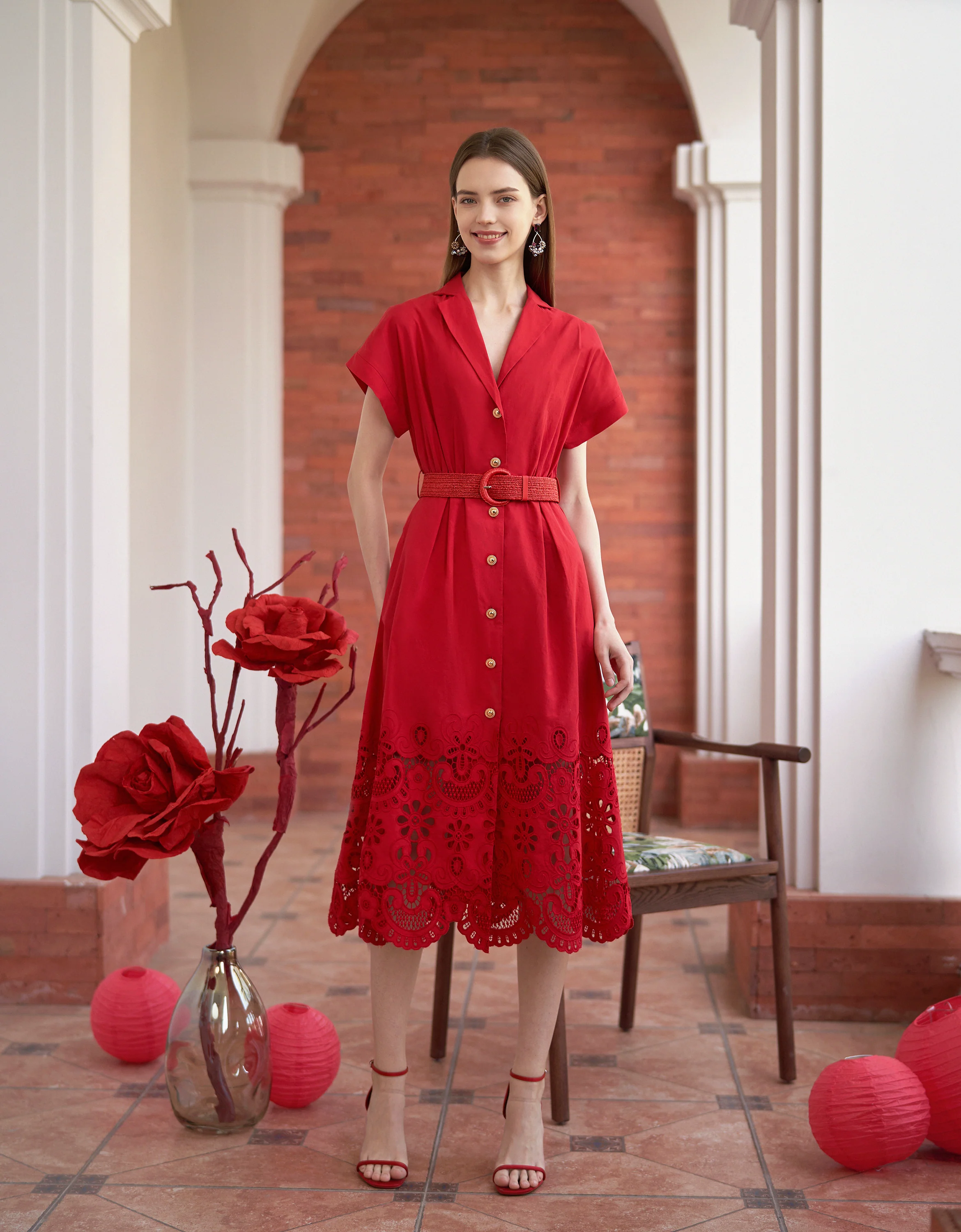 Cutwork Embroidered Hem Midi Shirt Dress
