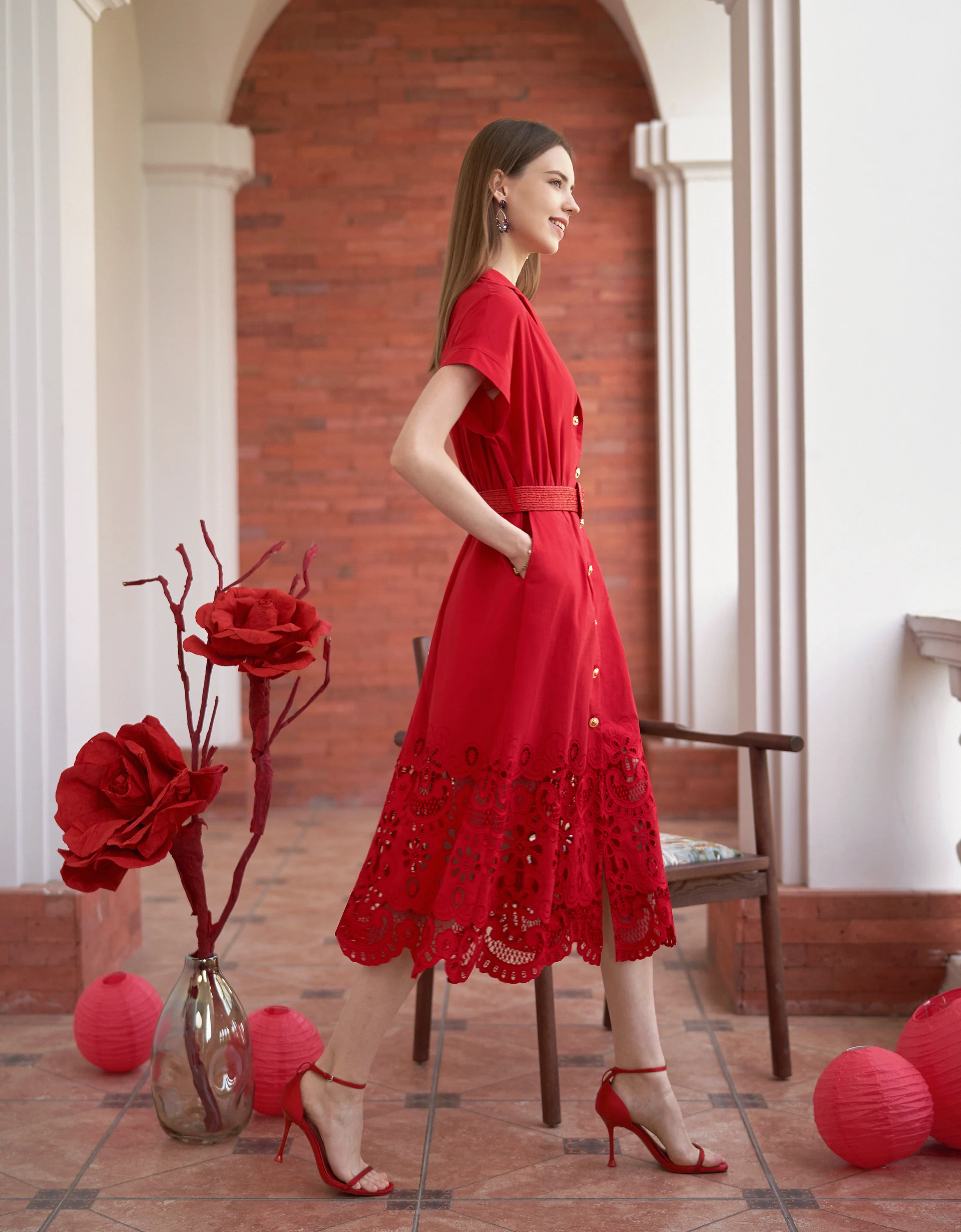 Cutwork Embroidered Hem Midi Shirt Dress - Image 2