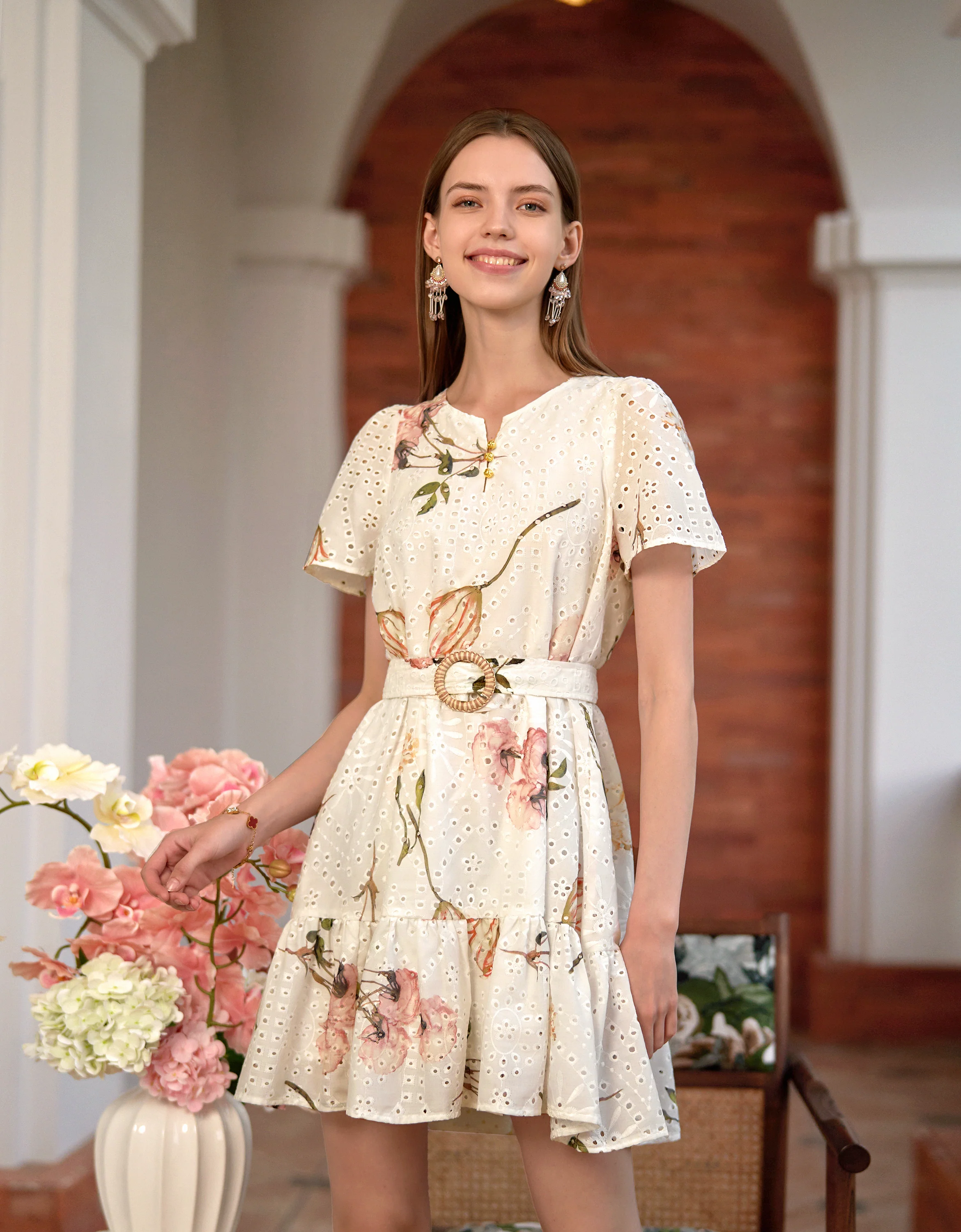 Cutwork Embroidery Floral Print Ruffled Hem Dress - Image 5