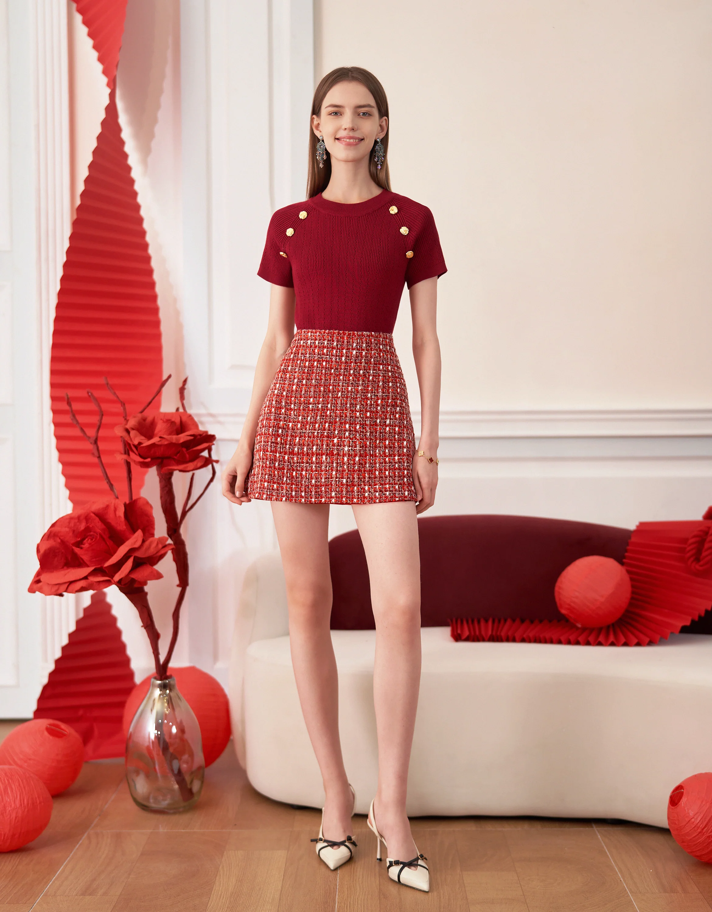 Decorative Shoulder Buttons Short Sleeve Knit Top - Image 11