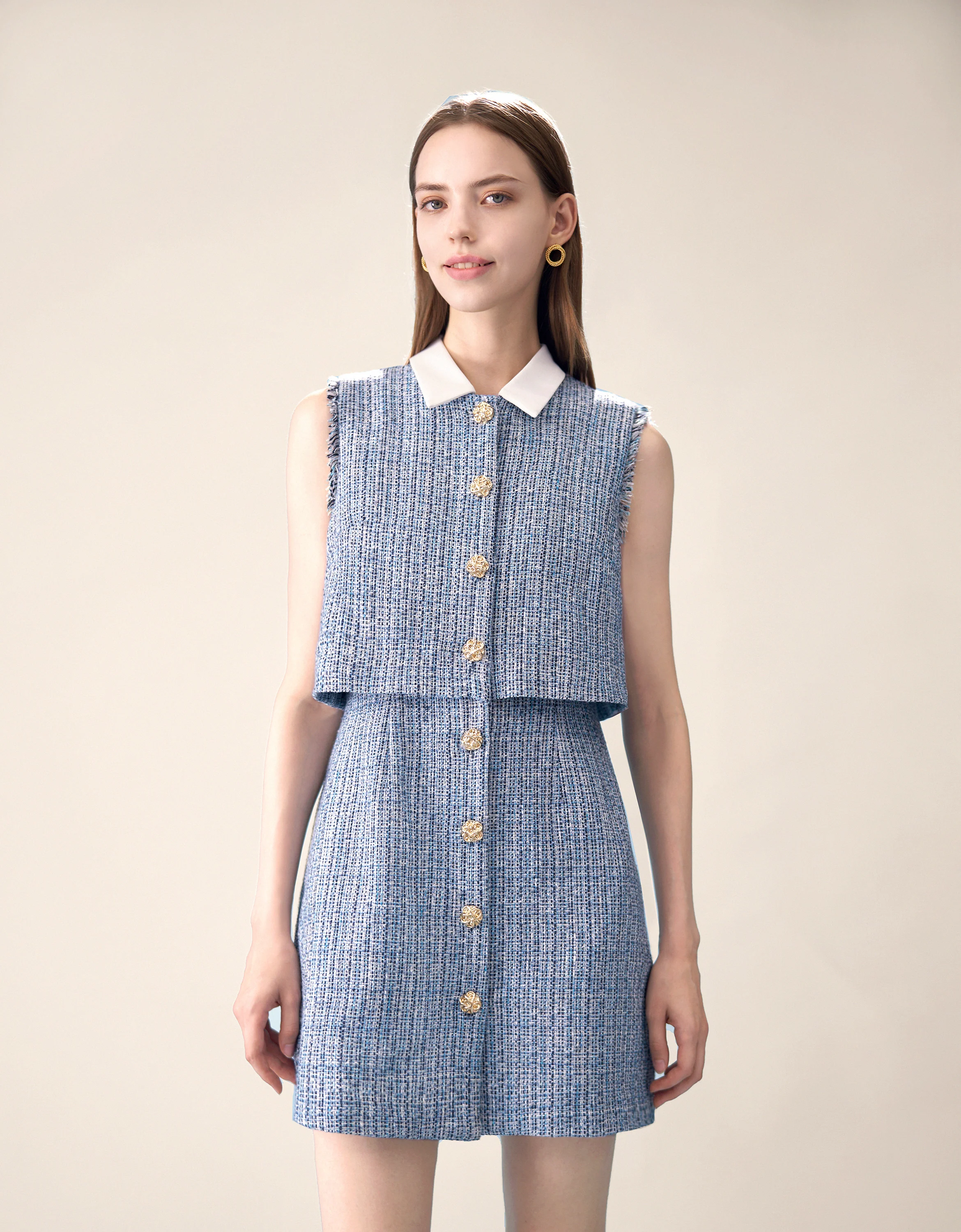 Detachable Collar Fringe Cuff Tweed Dress - Image 3