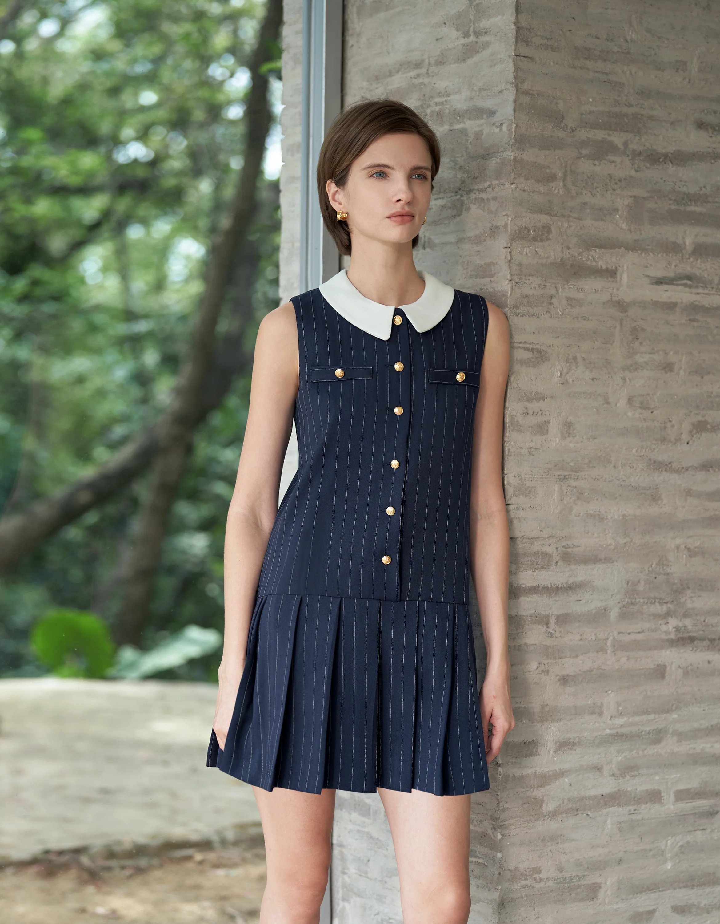 Detachable Collar Stripe Pleated Dress - Image 11