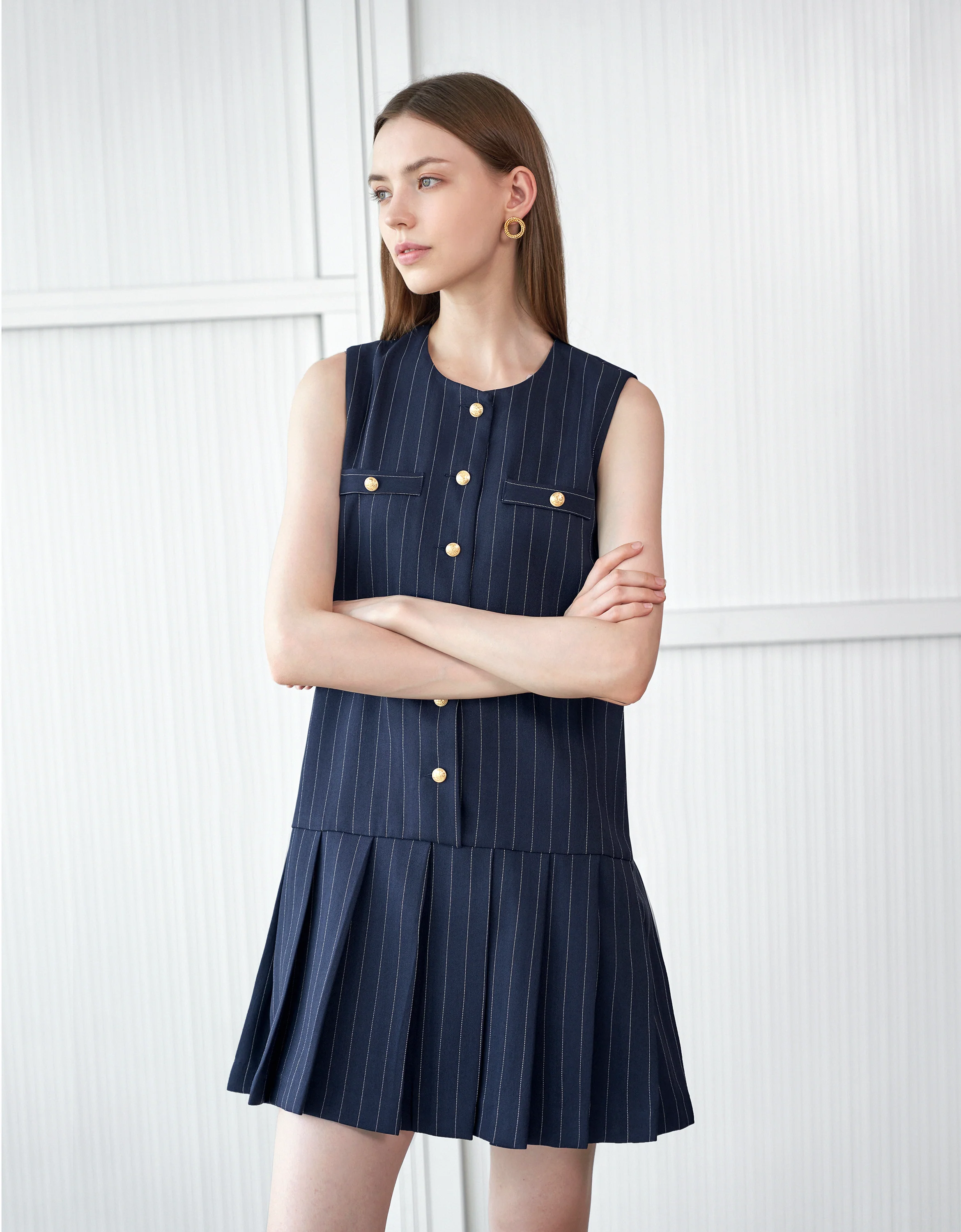 Detachable Collar Stripe Pleated Dress - Image 15